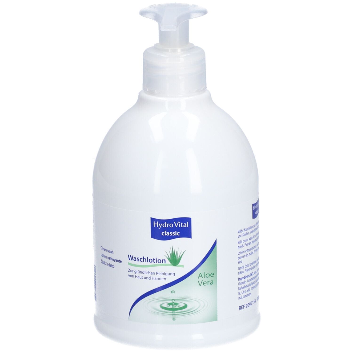 Flacon blanc avec pompe. Inscription : HydroVital classic, Waschlotion, Aloe Vera. Graphique vert et bleu.