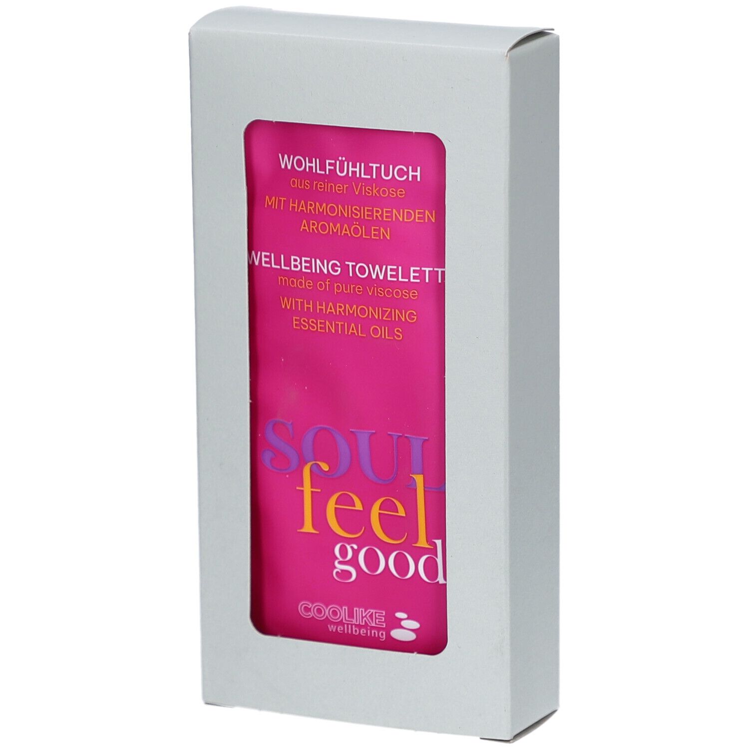 Witte doos met venster. Roze doek. Opschrift: SOUL feel good, COOLIKE wellbeing.