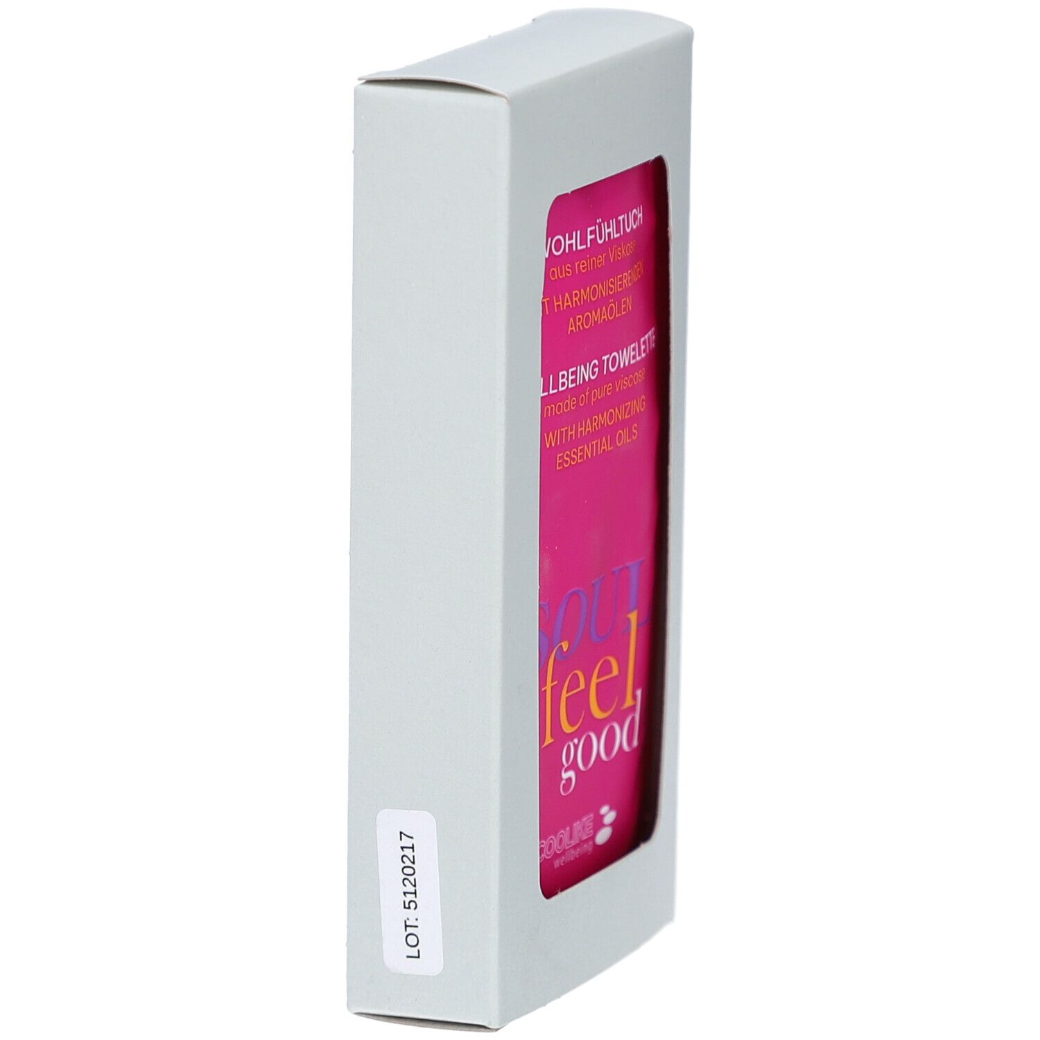 Witte doos, zijaanzicht. Venster met roze doek. Opschrift: SOUL feel good. LOT-sticker.