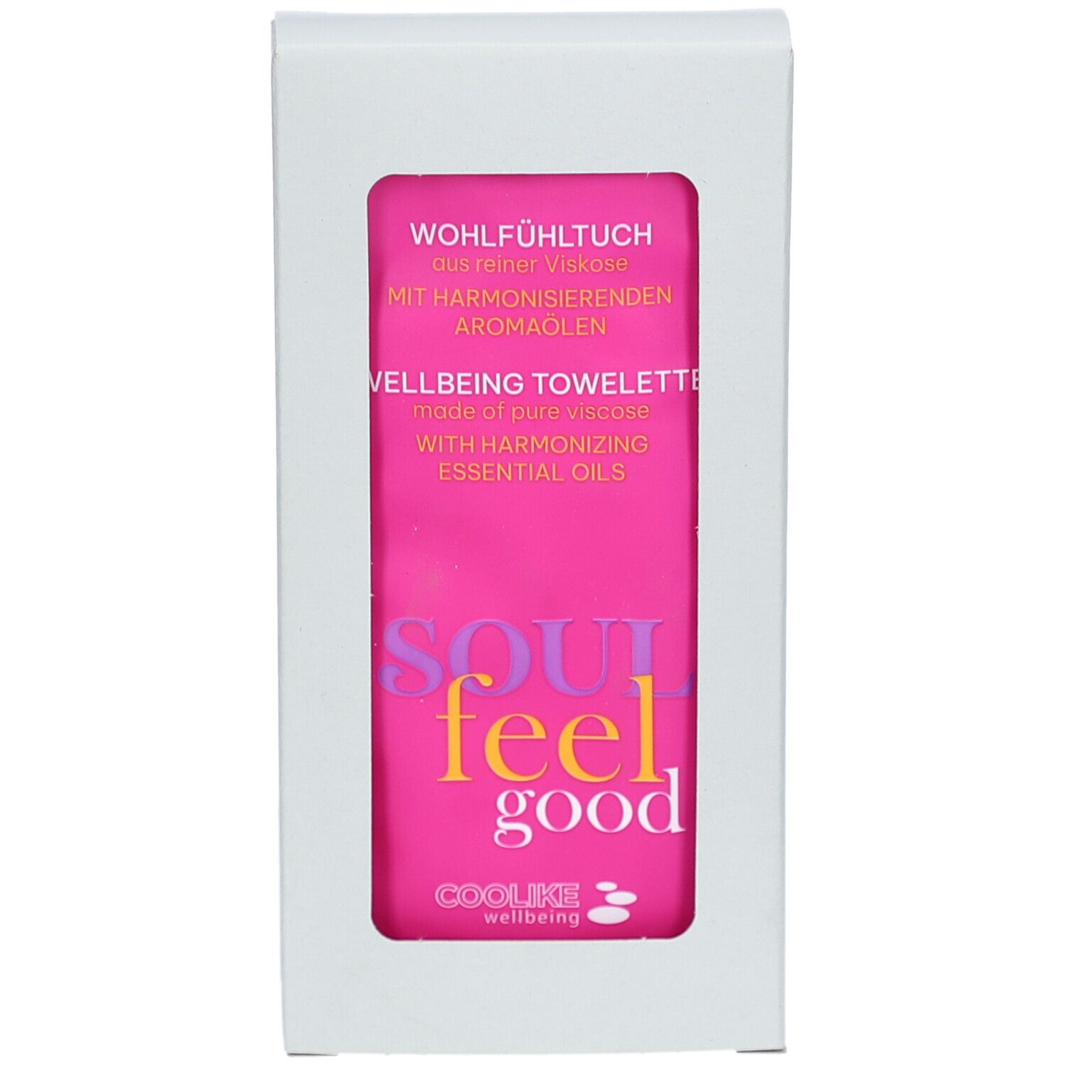 Witte doos met venster. Roze doek. Opschrift: SOUL feel good, COOLIKE wellbeing.