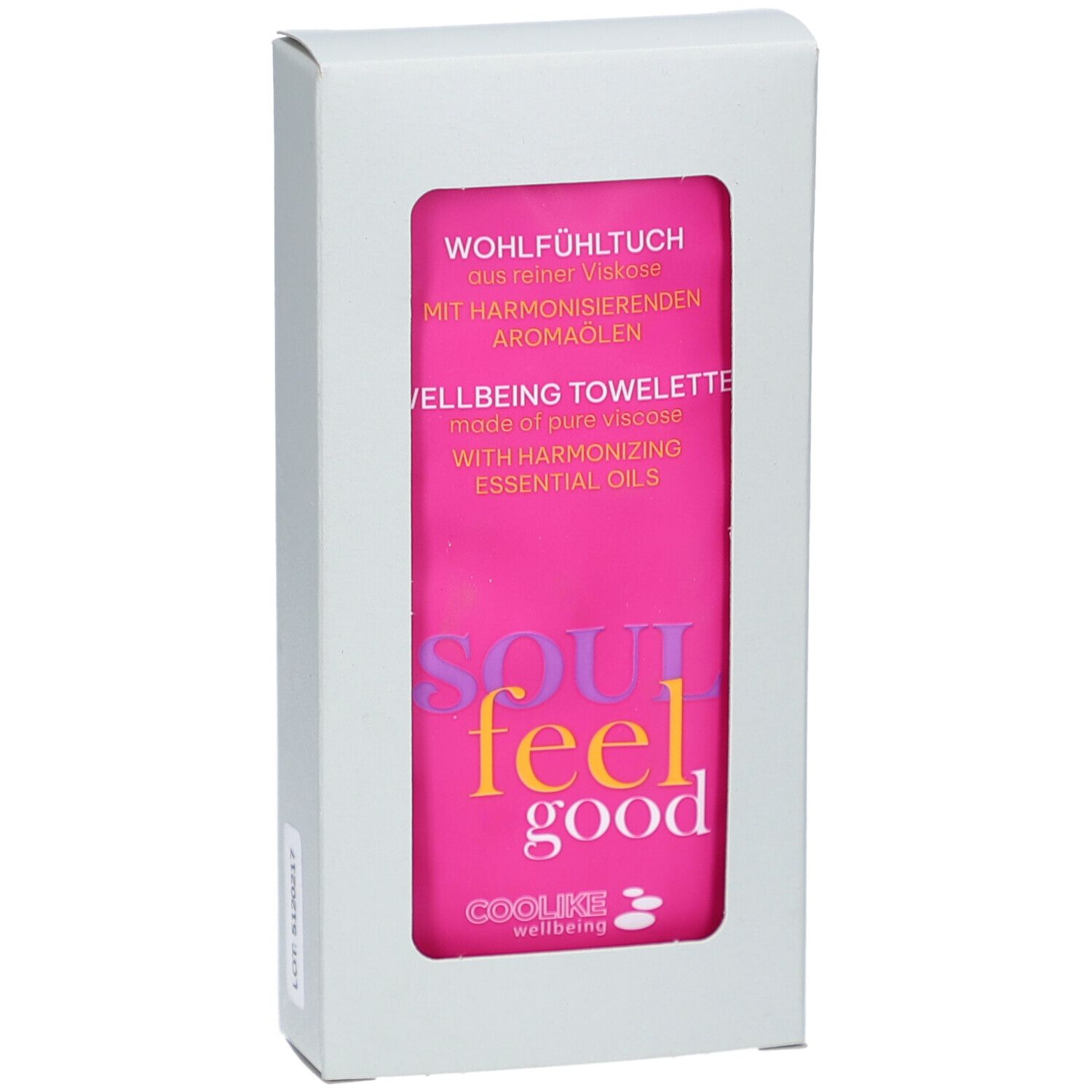 Witte doos met venster. Roze doek. Opschrift: SOUL feel good, COOLIKE wellbeing.