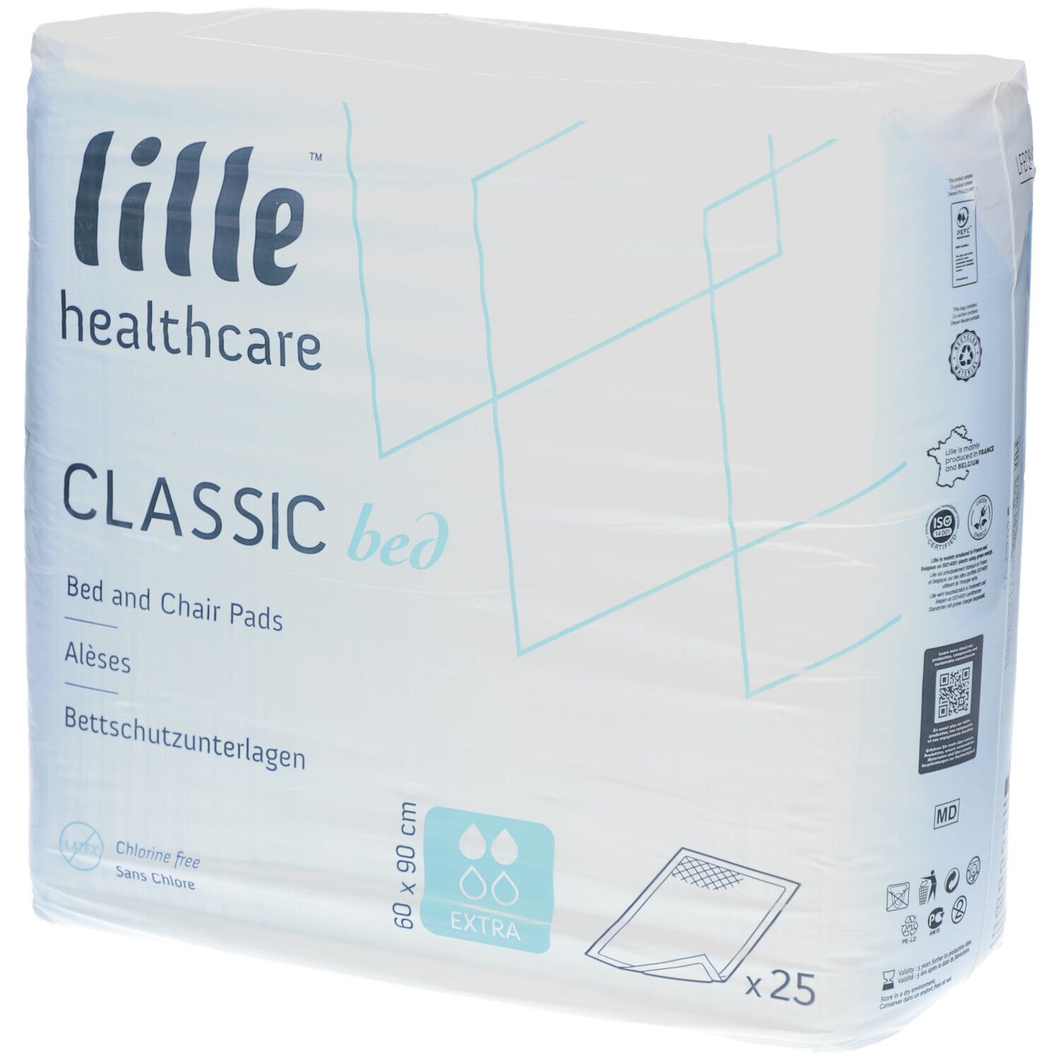 Verpakking bedbeschermers. Merk: Lille healthcare. Afmetingen: 60x90 cm. 25 stuks. Extra absorberend.