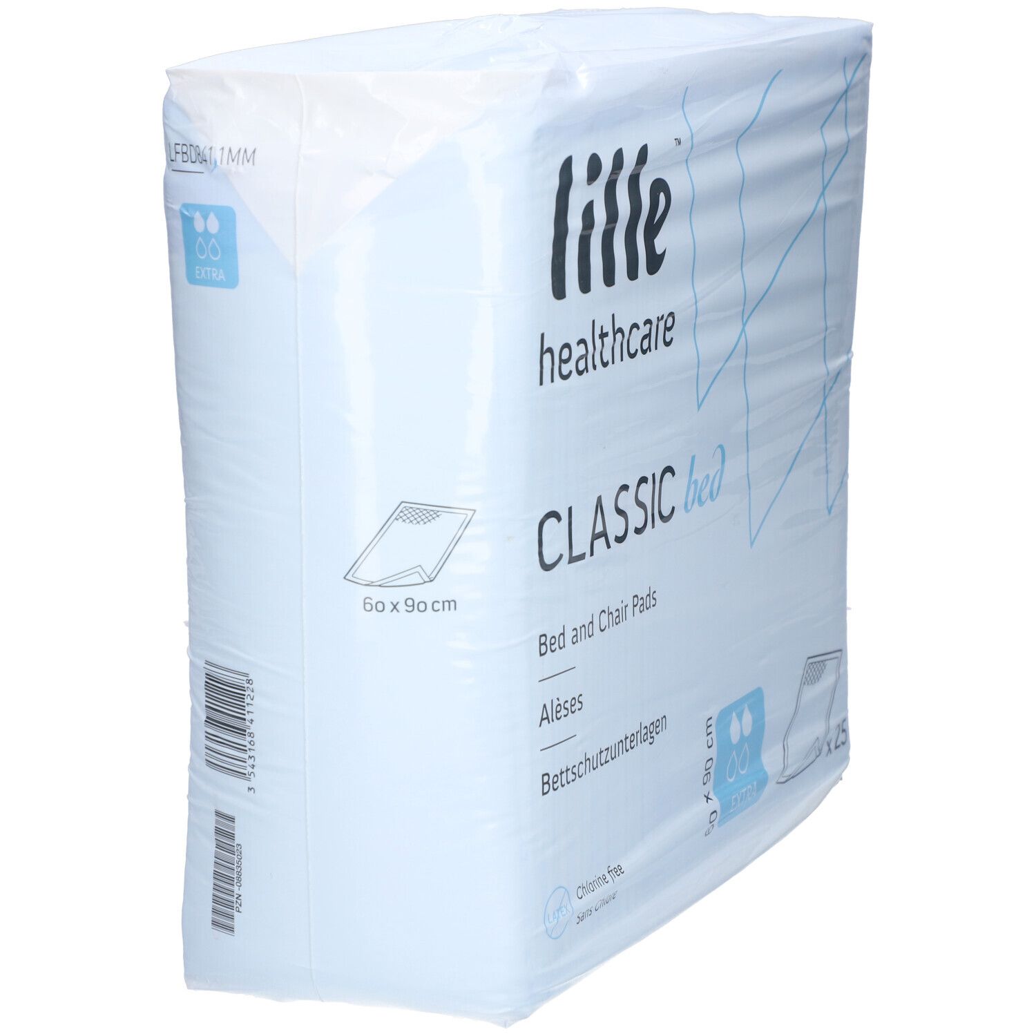 Verpakking bedbeschermers. Merk: Lille healthcare. Afmetingen: 60x90 cm. 25 stuks. Extra absorberend.