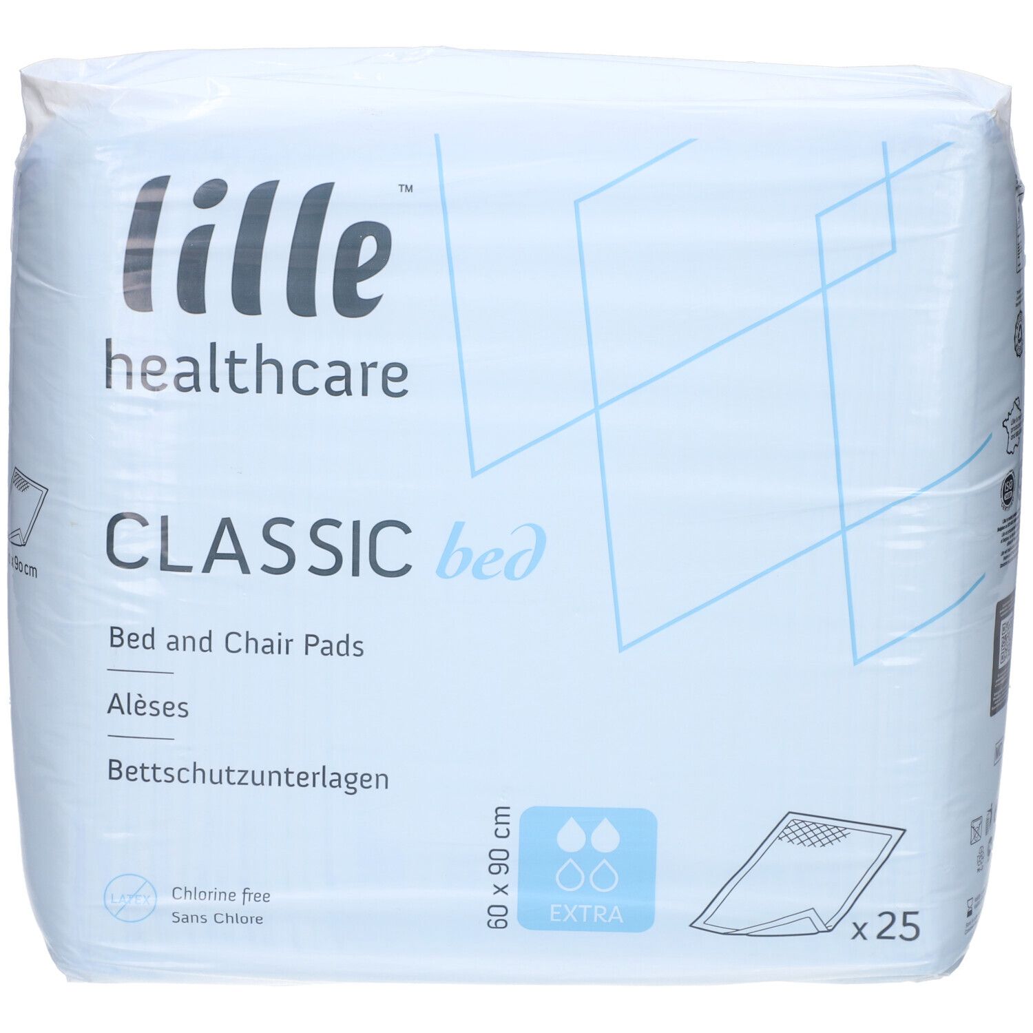 Verpakking bedbeschermers. Merk: Lille healthcare. Afmetingen: 60x90 cm. 25 stuks. Extra absorberend.