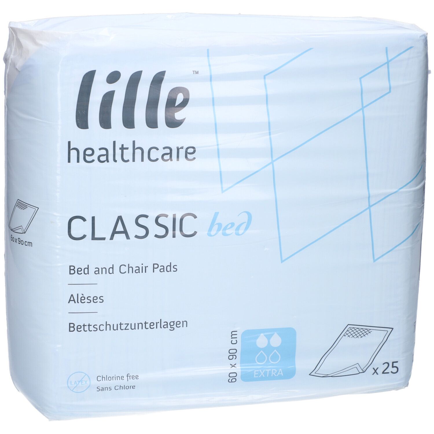 Verpakking bedbeschermers. Merk: Lille healthcare. Afmetingen: 60x90 cm. 25 stuks. Extra absorberend.