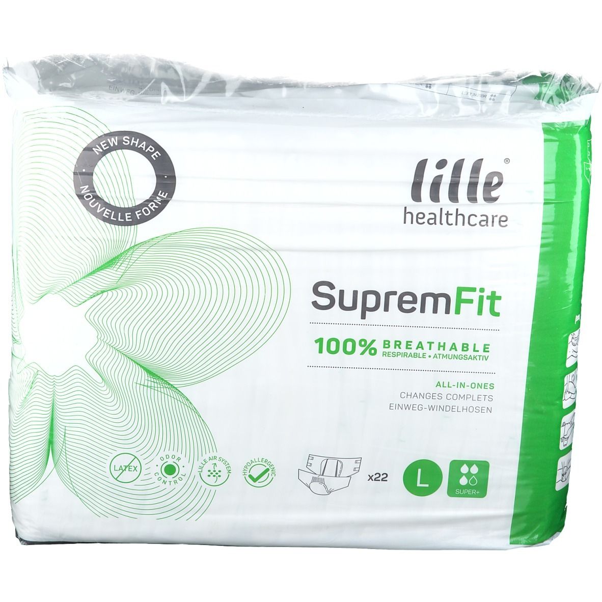 Verpakking 'lille healthcare SupremFit' luiers. Maat L, 22 stuks. 100% ademend. Met groene accenten en logo's.