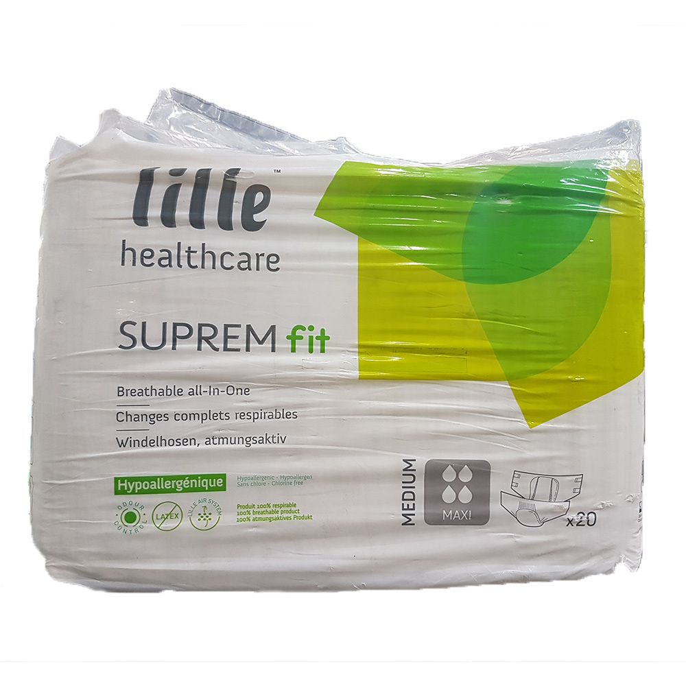 Verpakking incontinentieproducten. Merk: lille healthcare SUPREMFit. Maat M, Maxi. Bevat 20 stuks. Met groene en witte elementen.