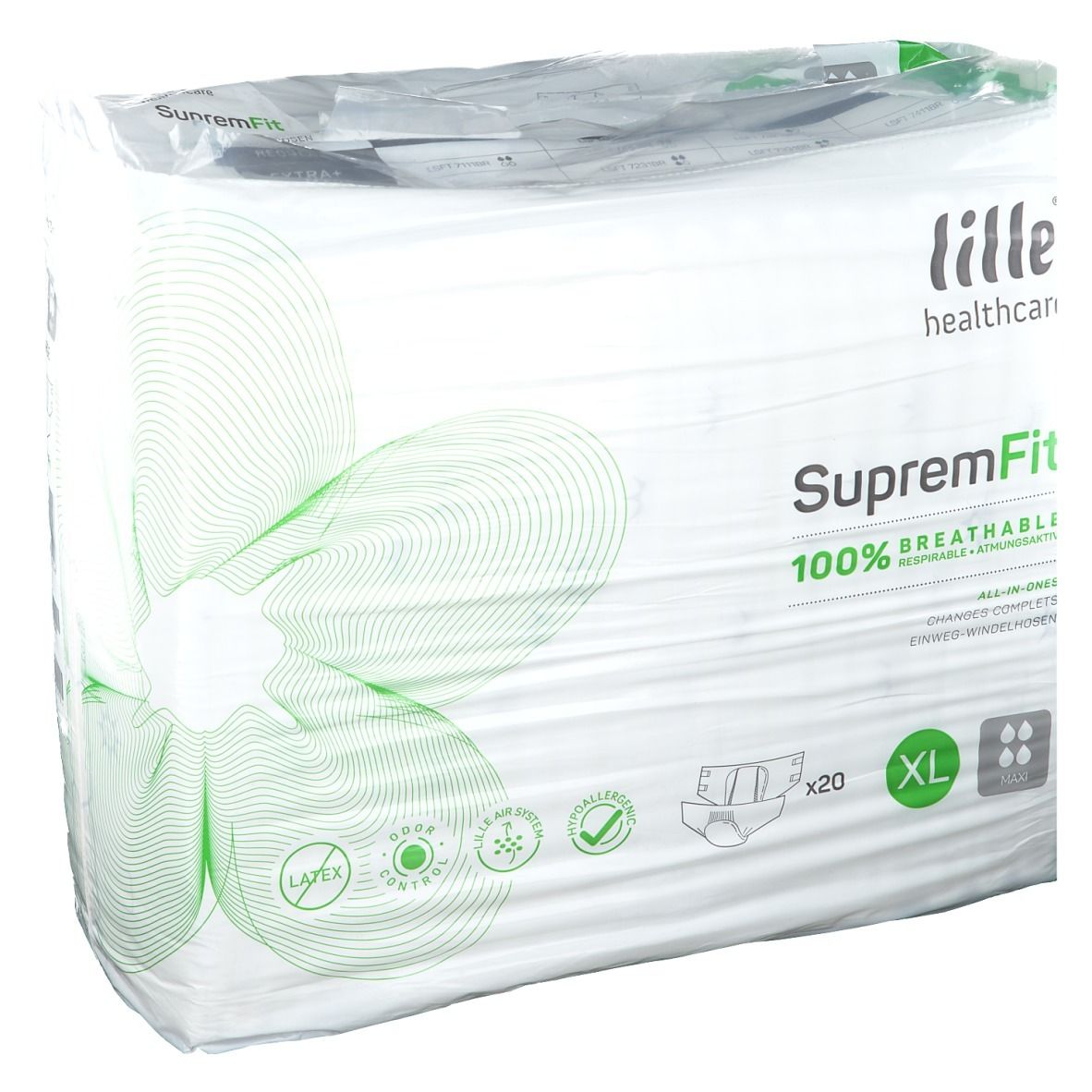 Verpakking Lille Healthcare SupremFit Maxi luiers. XL, 20 stuks. 100% ademend. Met groene accenten en logo's.