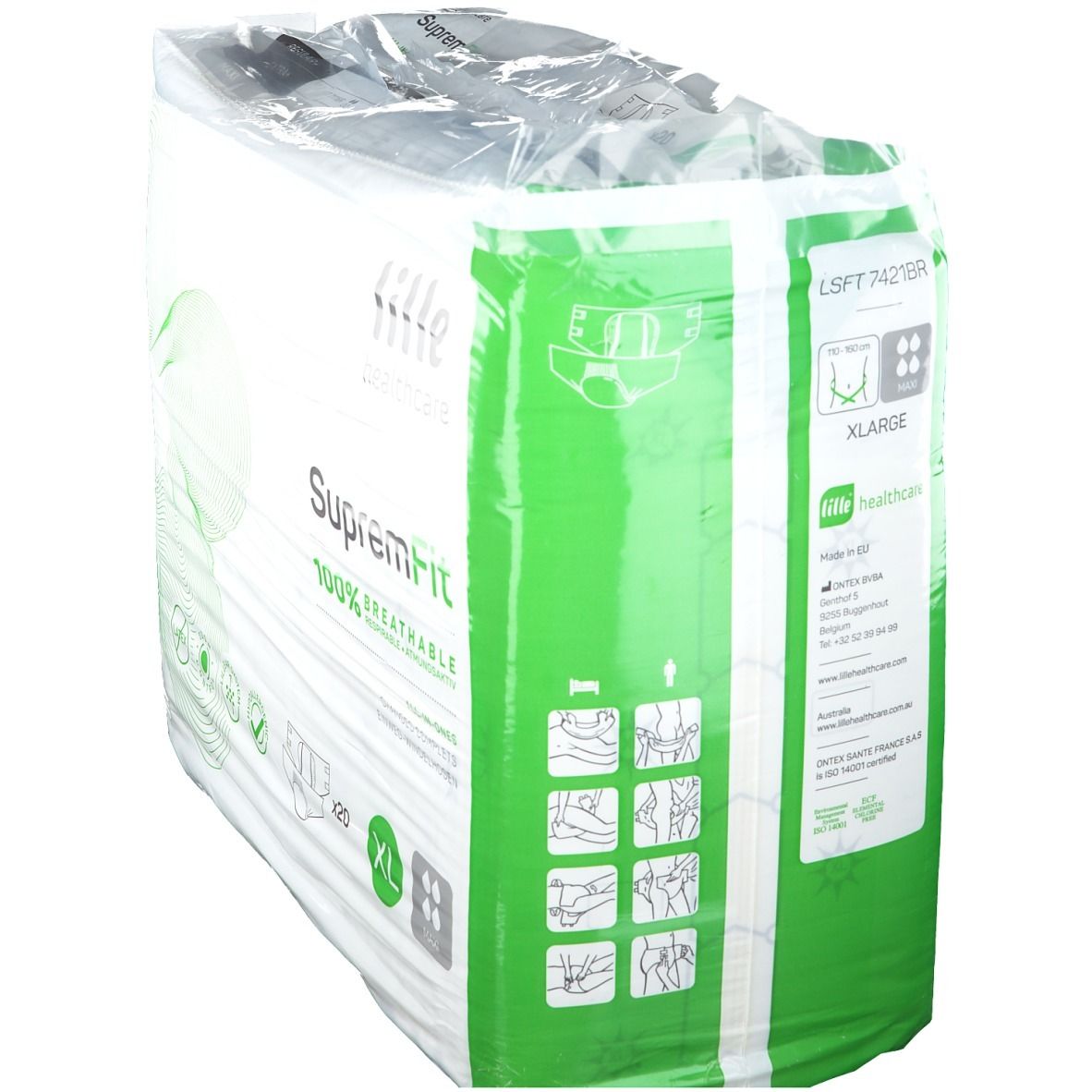 Verpakking Lille Healthcare SupremFit Maxi luiers. XL, 20 stuks. 100% ademend. Groene verpakking met productinfo.
