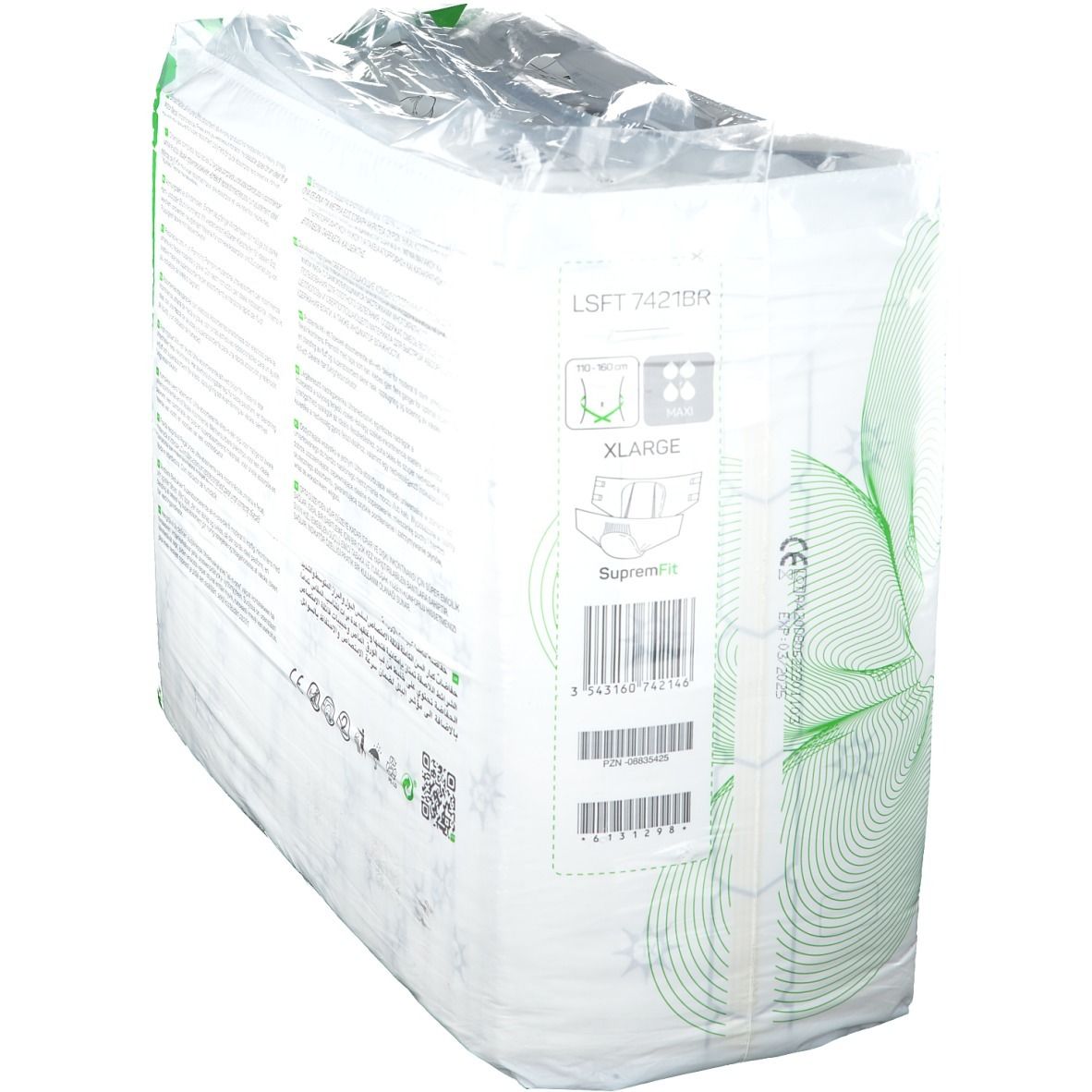 Verpakking Lille Healthcare SupremFit Maxi luiers. XL. Groene verpakking met productinfo en QR-code.