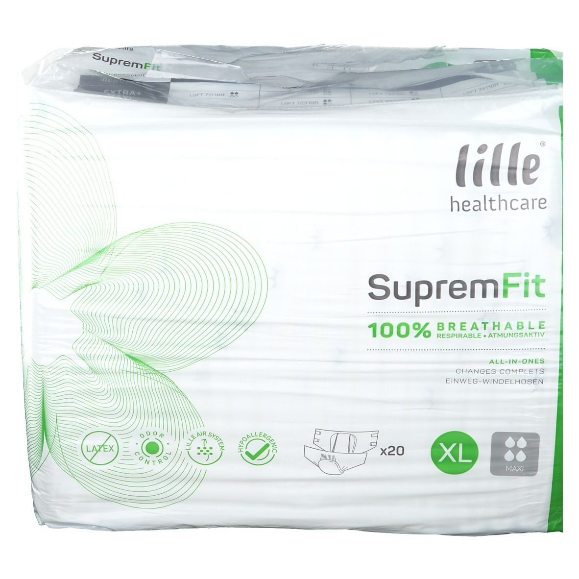 Verpakking Lille Healthcare SupremFit Maxi luiers. XL, 20 stuks. 100% ademend. Met groene accenten en logo's.