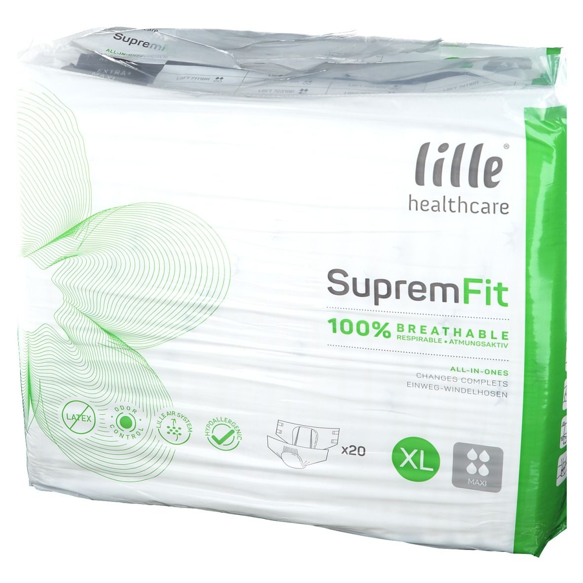 Verpakking Lille Healthcare SupremFit Maxi luiers. XL, 20 stuks. 100% ademend. Met groene accenten en logo's.