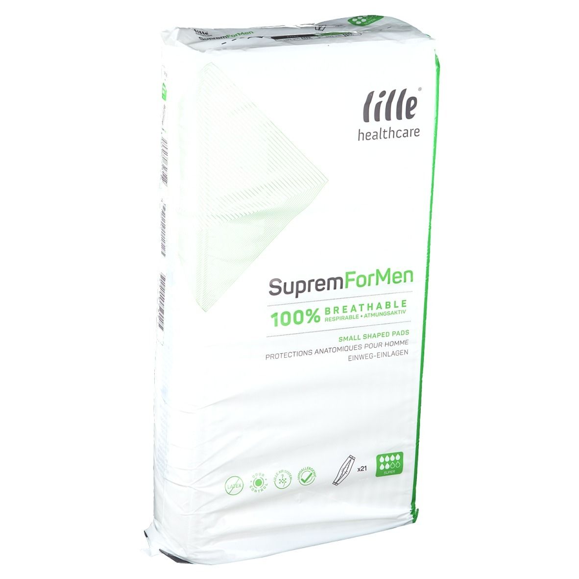 Emballage Lille Healthcare SupremForMen. Blanc avec accents verts. Nom du produit et caractéristiques imprimés.