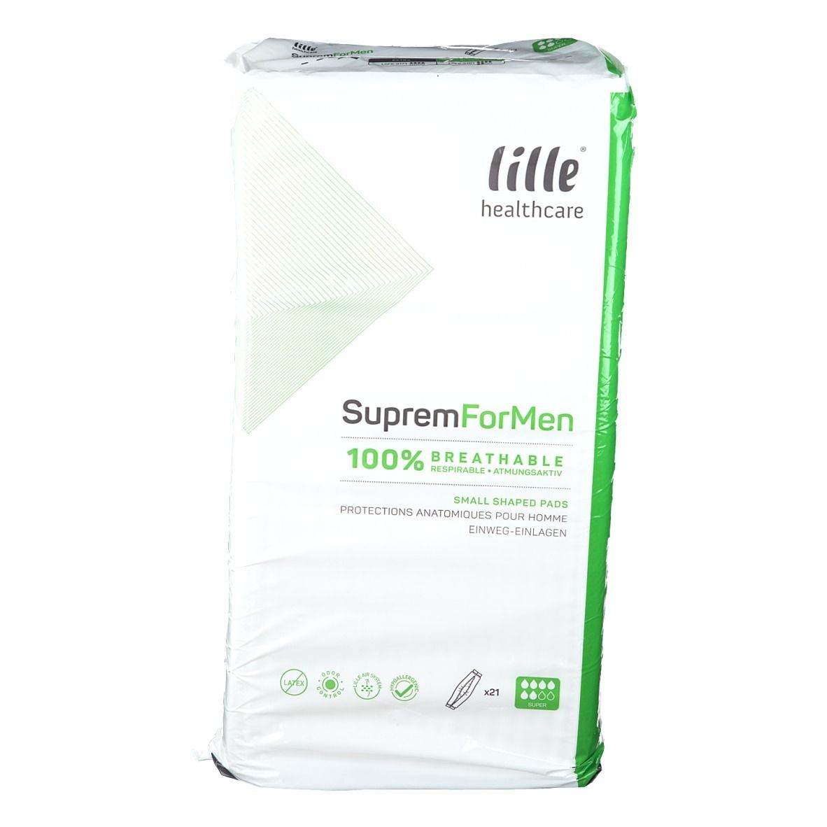 Emballage Lille Healthcare SupremForMen. Blanc avec accents verts. Nom du produit et caractéristiques imprimés.
