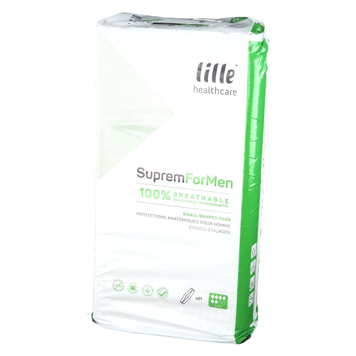 Emballage Lille Healthcare SupremForMen. Blanc avec accents verts. Nom du produit et caractéristiques imprimés.
