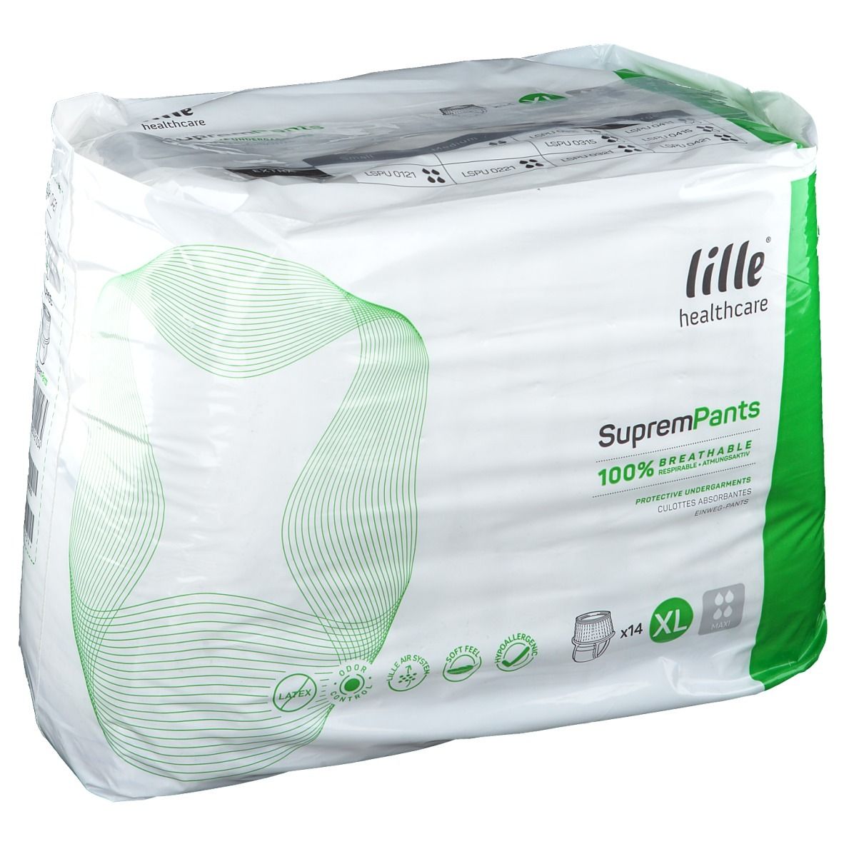 Paquet de Lille Healthcare SupremPants Maxi Gr. XL. 14 pièces. 100% respirant. Emballage vert et blanc.