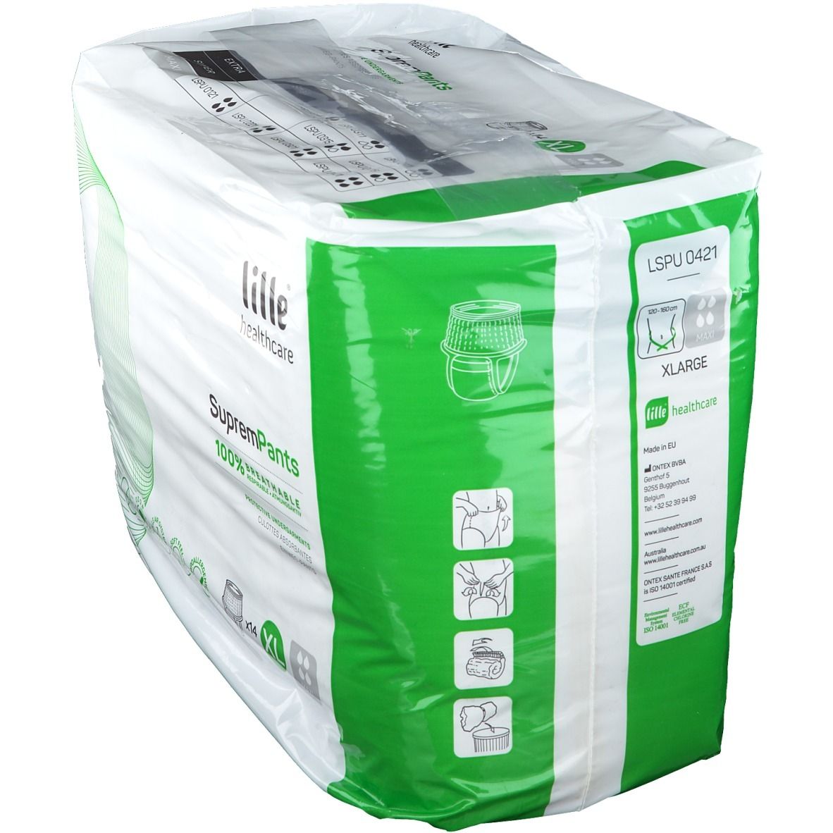 Paquet de Lille Healthcare SupremPants Maxi Gr. XL. Emballage vert et blanc. Illustration du produit. Taille XL.