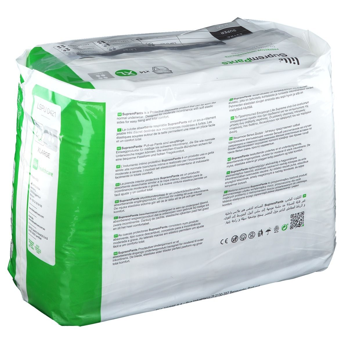 Dos du paquet de Lille SupremPants Maxi Gr. XL. Texte multilingue. Emballage vert et blanc.