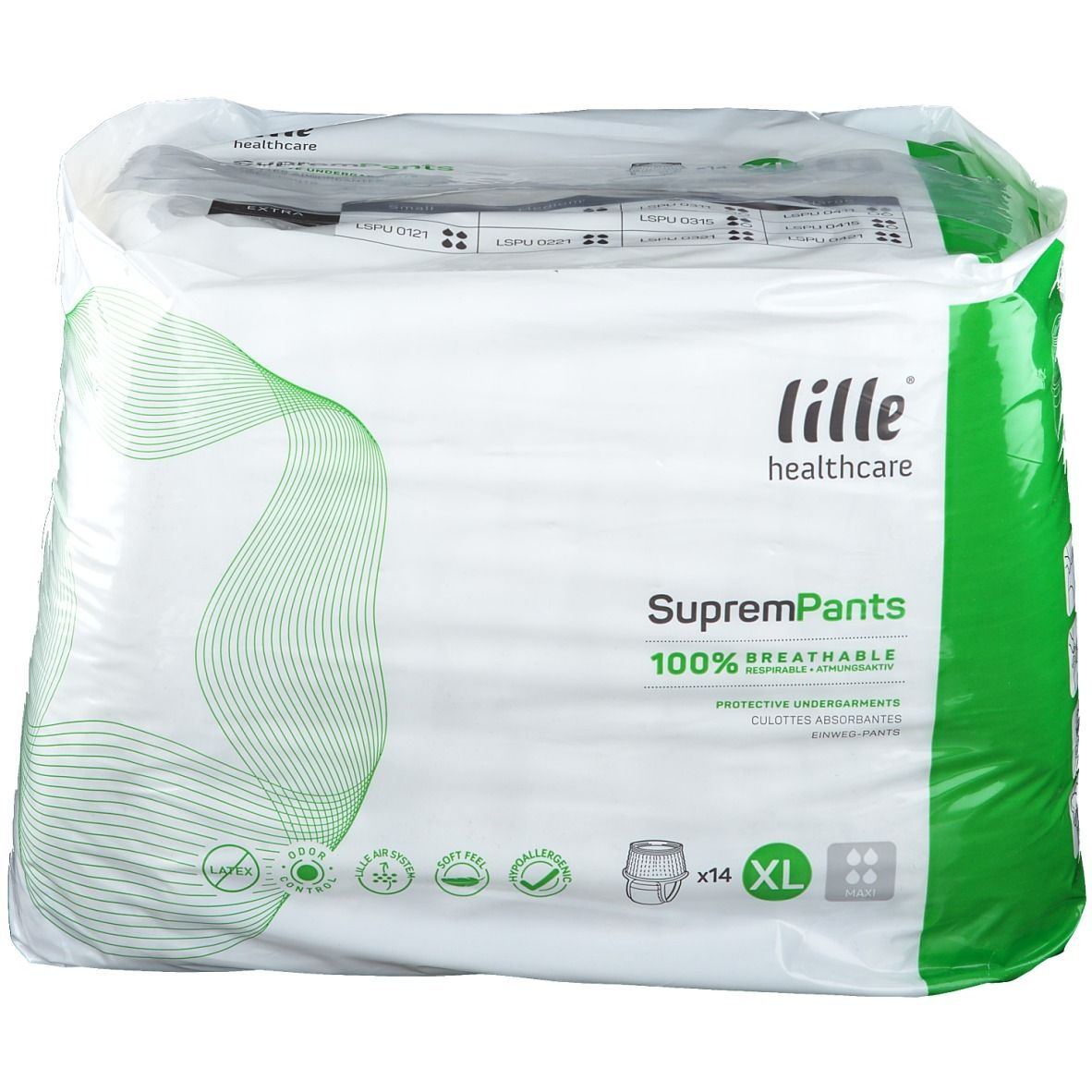 Paquet de Lille Healthcare SupremPants Maxi Gr. XL. 14 pièces. 100% respirant. Emballage vert et blanc.
