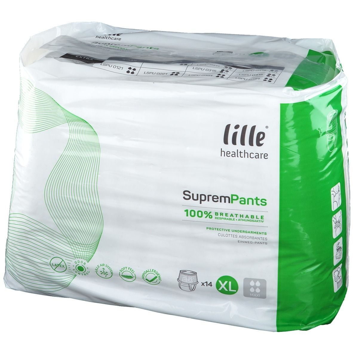 Paquet de Lille Healthcare SupremPants Maxi Gr. XL. 14 pièces. 100% respirant. Emballage vert et blanc.