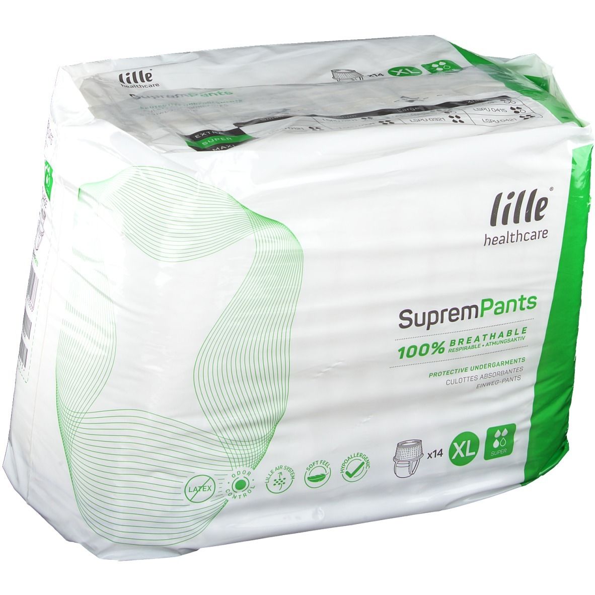 Verpakking SupremPants Super XL. Merk Lille Healthcare. 14 stuks. Maat XL. 100% ademend. Beschermende onderbroeken.