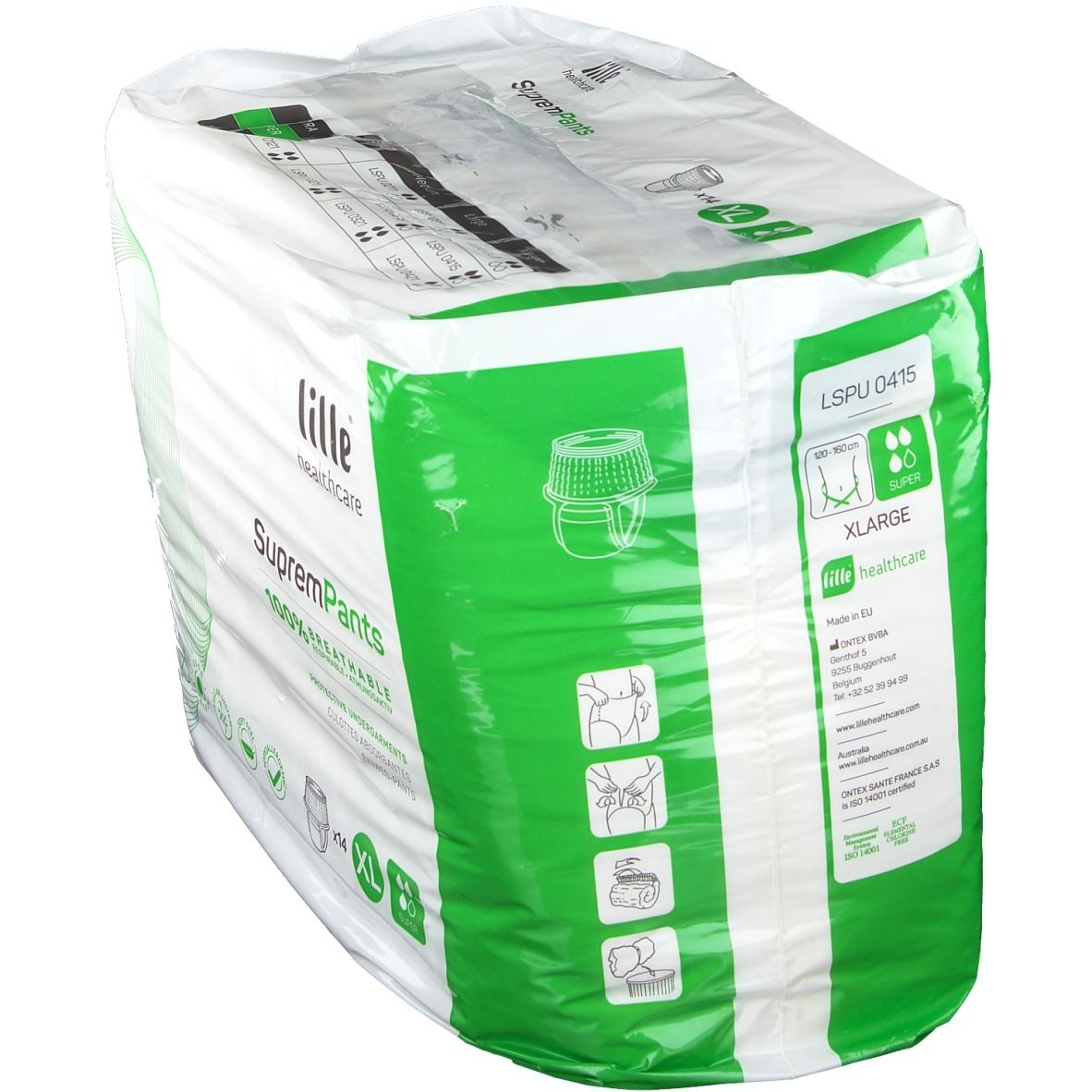 Verpakking SupremPants Super XL. Merk Lille Healthcare. Maat XL. 100% ademend. Beschermende onderbroeken. Productillustratie.