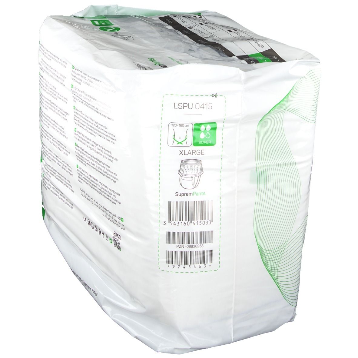 Verpakking SupremPants Super XL. Merk Lille Healthcare. Maat XL. Barcode. Productillustratie. Productinformatie.