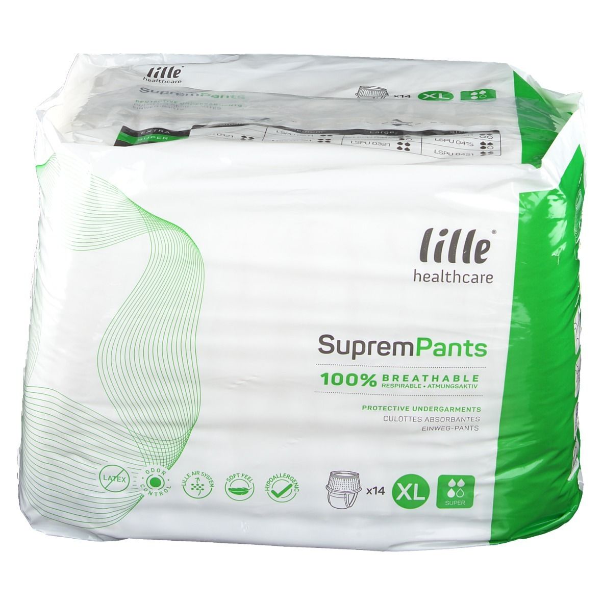 Verpakking SupremPants Super XL. Merk Lille Healthcare. 14 stuks. Maat XL. 100% ademend. Beschermende onderbroeken.