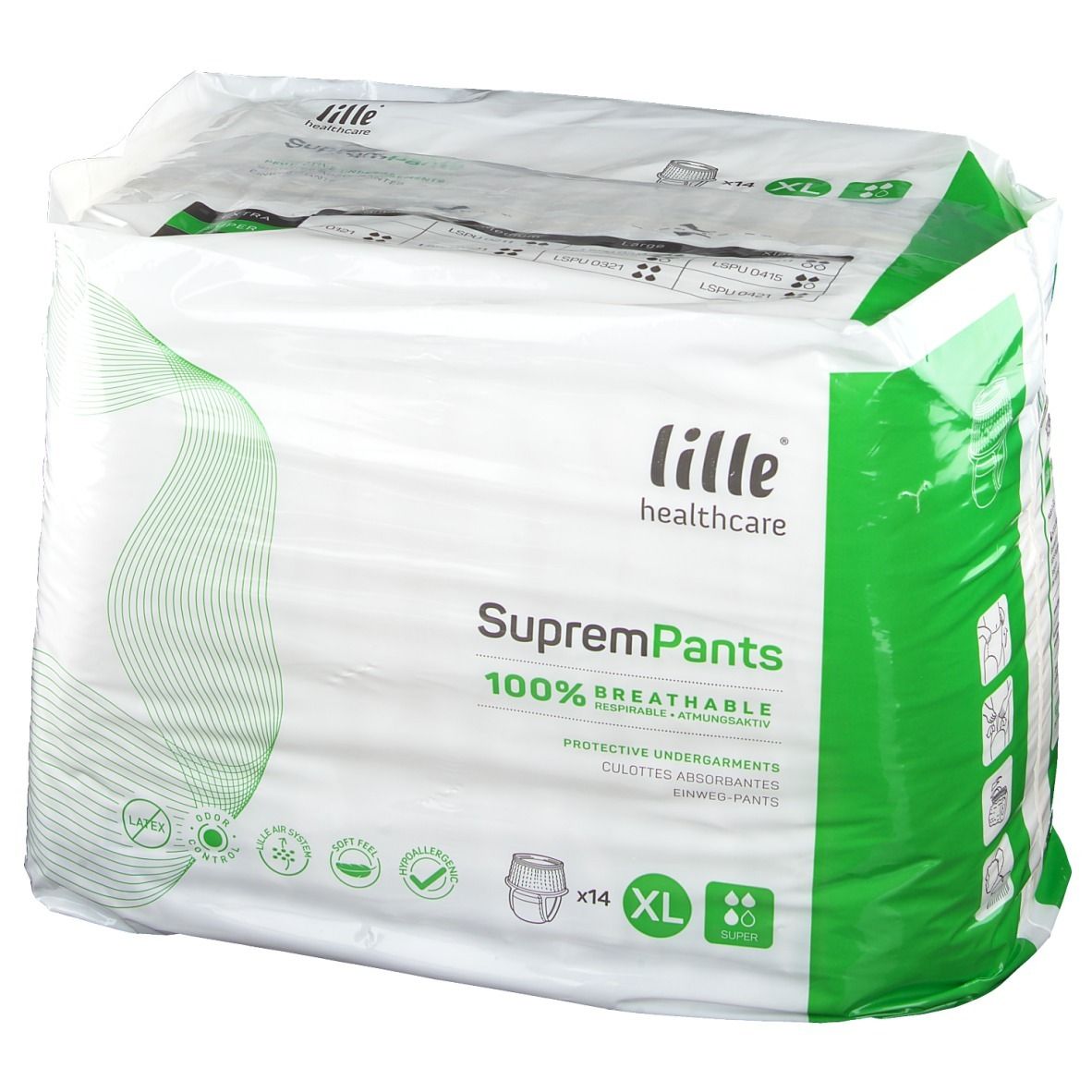 Verpakking SupremPants Super XL. Merk Lille Healthcare. 14 stuks. Maat XL. 100% ademend. Beschermende onderbroeken.