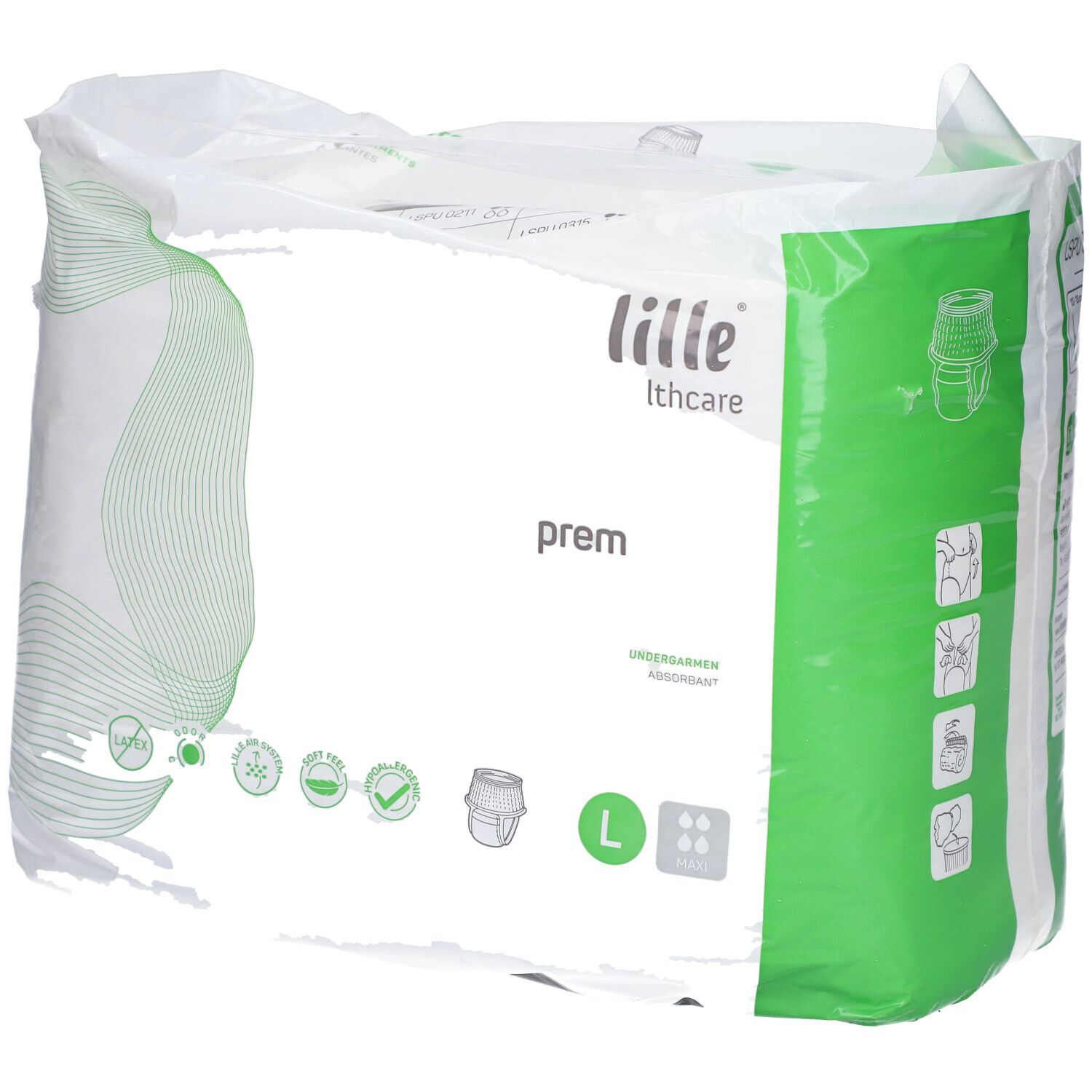 Verpakking incontinentiebroekjes. Merk: lille® healthcare. Maat L. Groene en witte verpakking.