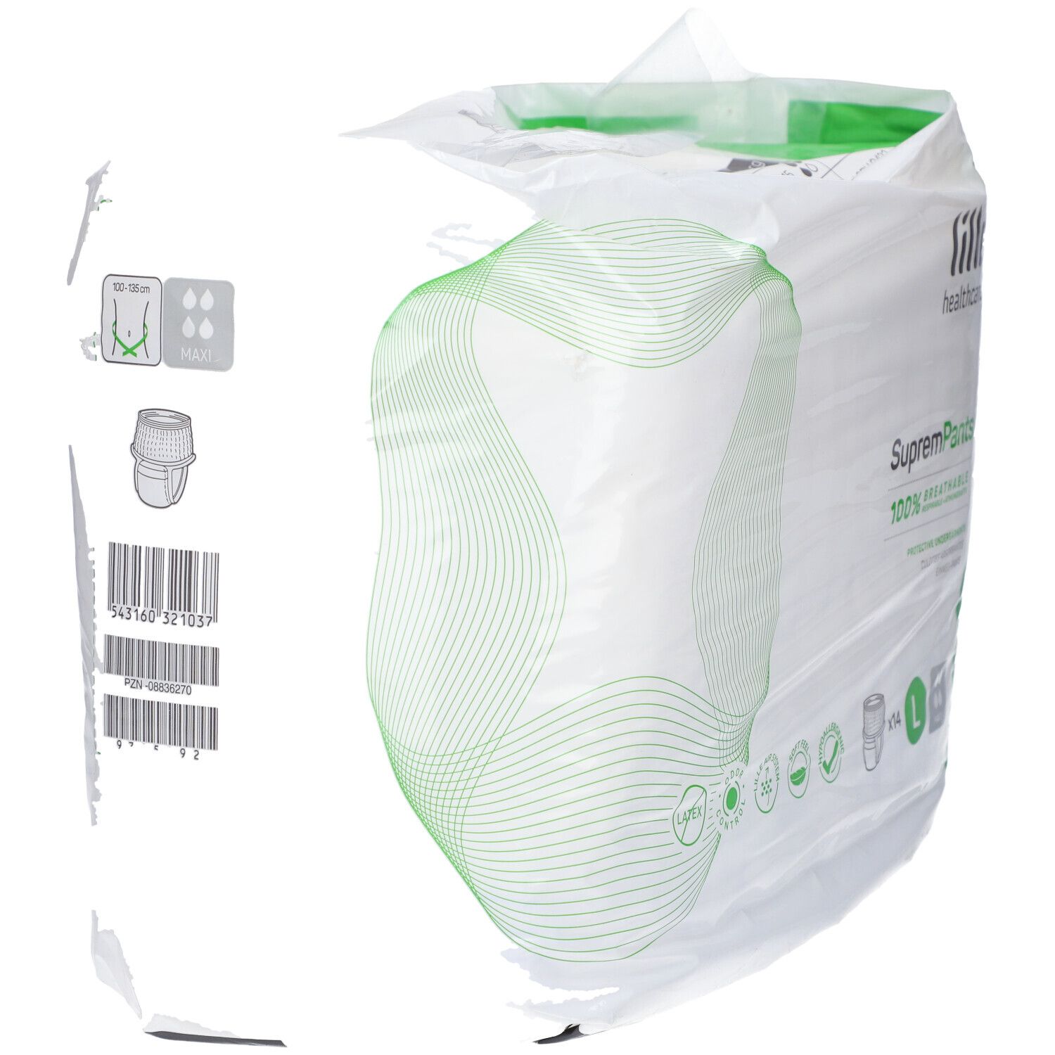 Verpakking incontinentiebroekjes. Merk: lille® healthcare. Zijkant met barcode en informatie.