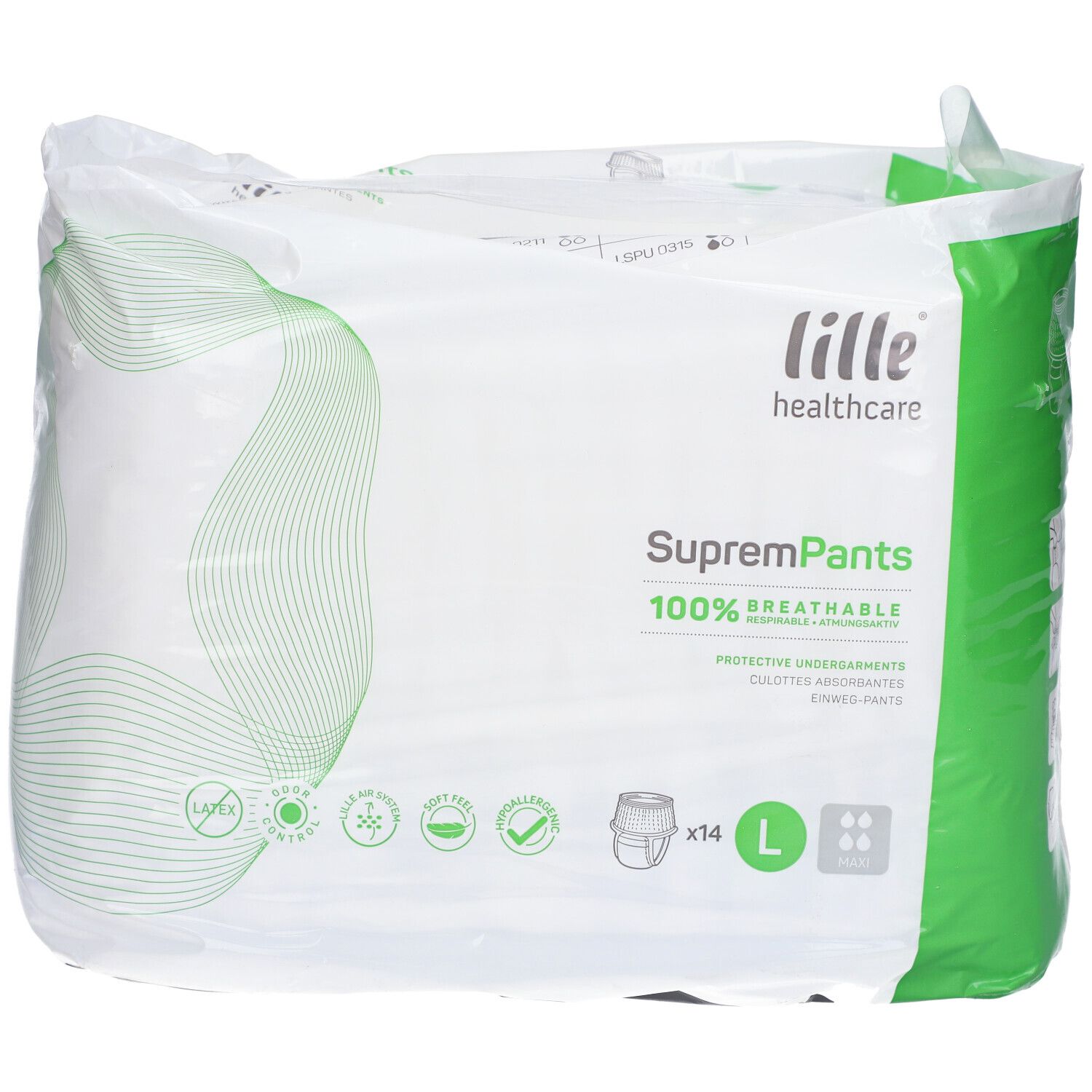 Verpakking incontinentiebroekjes. Merk: lille® healthcare. Maat L. Opschrift: SupremPants. 100% ademend.