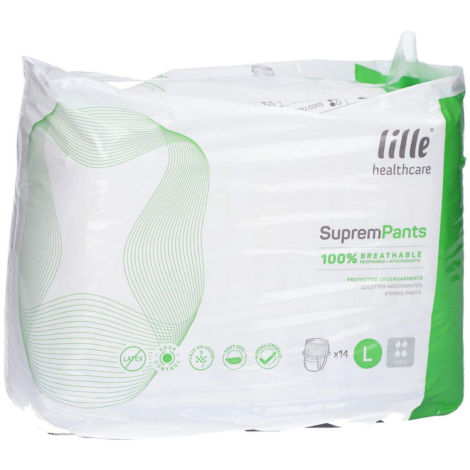 Verpakking incontinentiebroekjes. Merk: lille® healthcare. Maat L. Opschrift: SupremPants. 100% ademend.