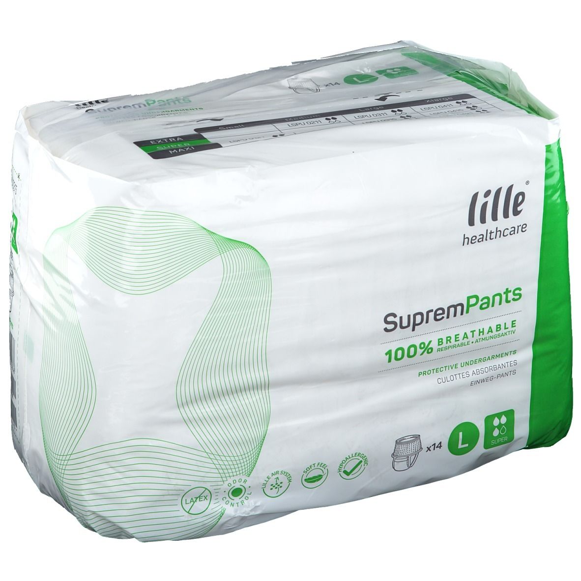 Verpakking van Lille Healthcare SupremPants. Groen-witte verpakking met productinfo en logo. Maat L, 14 stuks.