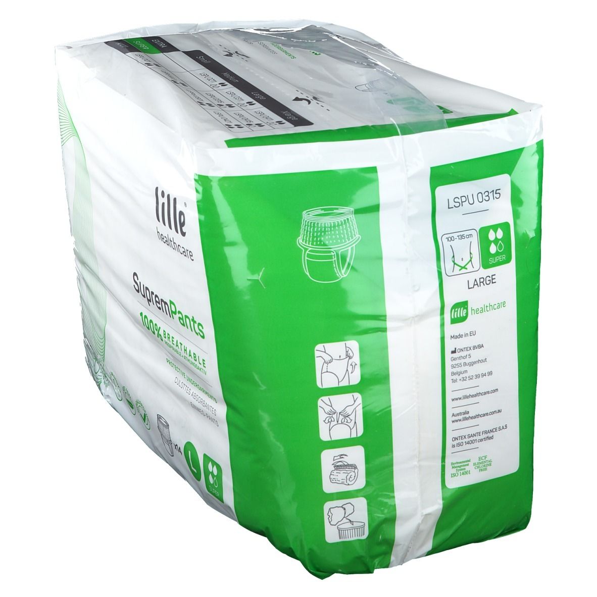 Verpakking van Lille Healthcare SupremPants. Groen-witte verpakking met info. Maat L, 100-150 cm. Productillustratie.