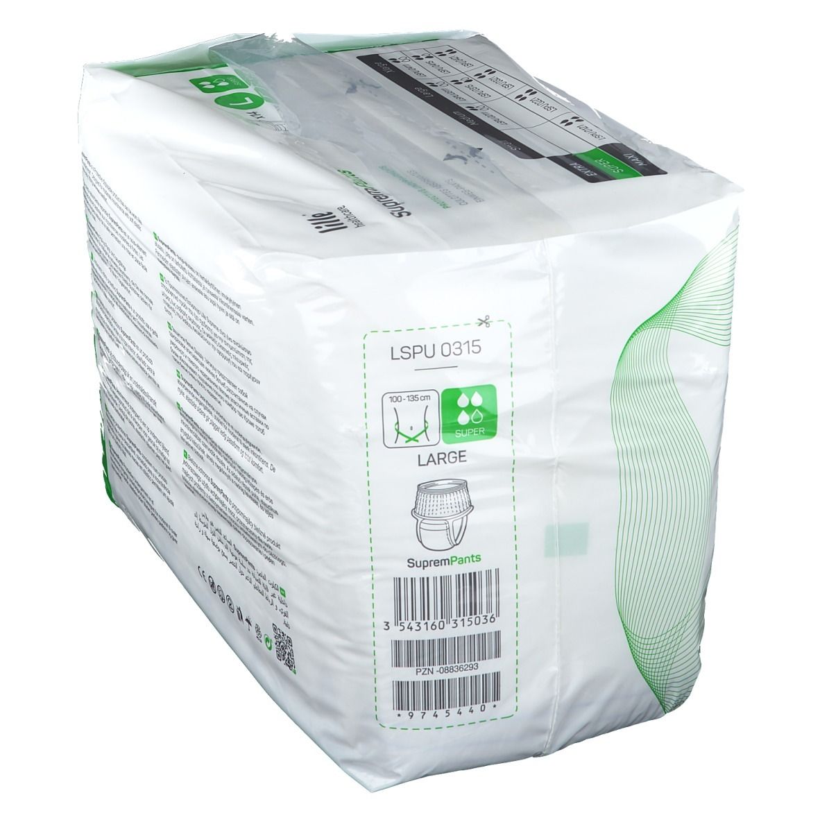 Verpakking van Lille SupremPants. Groen-witte verpakking met info. Maat L, 100-150 cm. Barcode en logo.