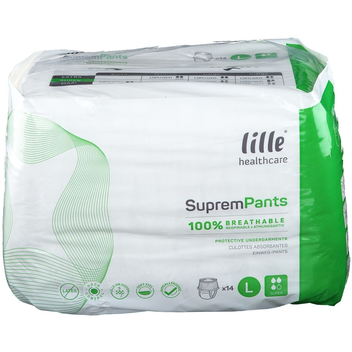 Verpakking van Lille Healthcare SupremPants. Groen-witte verpakking met productinfo en logo. Maat L, 14 stuks.