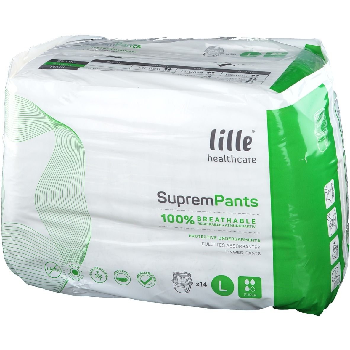 Verpakking van Lille Healthcare SupremPants. Groen-witte verpakking met productinfo en logo. Maat L, 14 stuks.