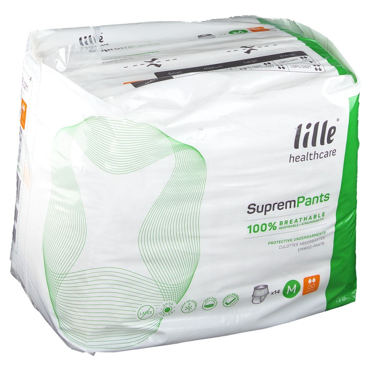 Verpakking van Lille Healthcare SupremPants. Groen-witte verpakking met productnaam, maat M en 100% ademend.