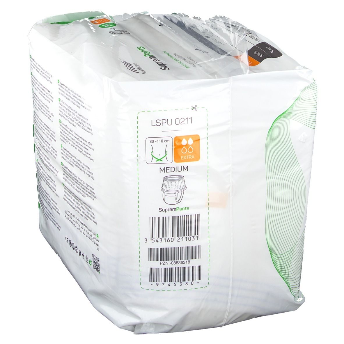 Achterkant van de verpakking van Lille SupremPants. Groen-witte verpakking met productinformatie, barcode en maat Medium.