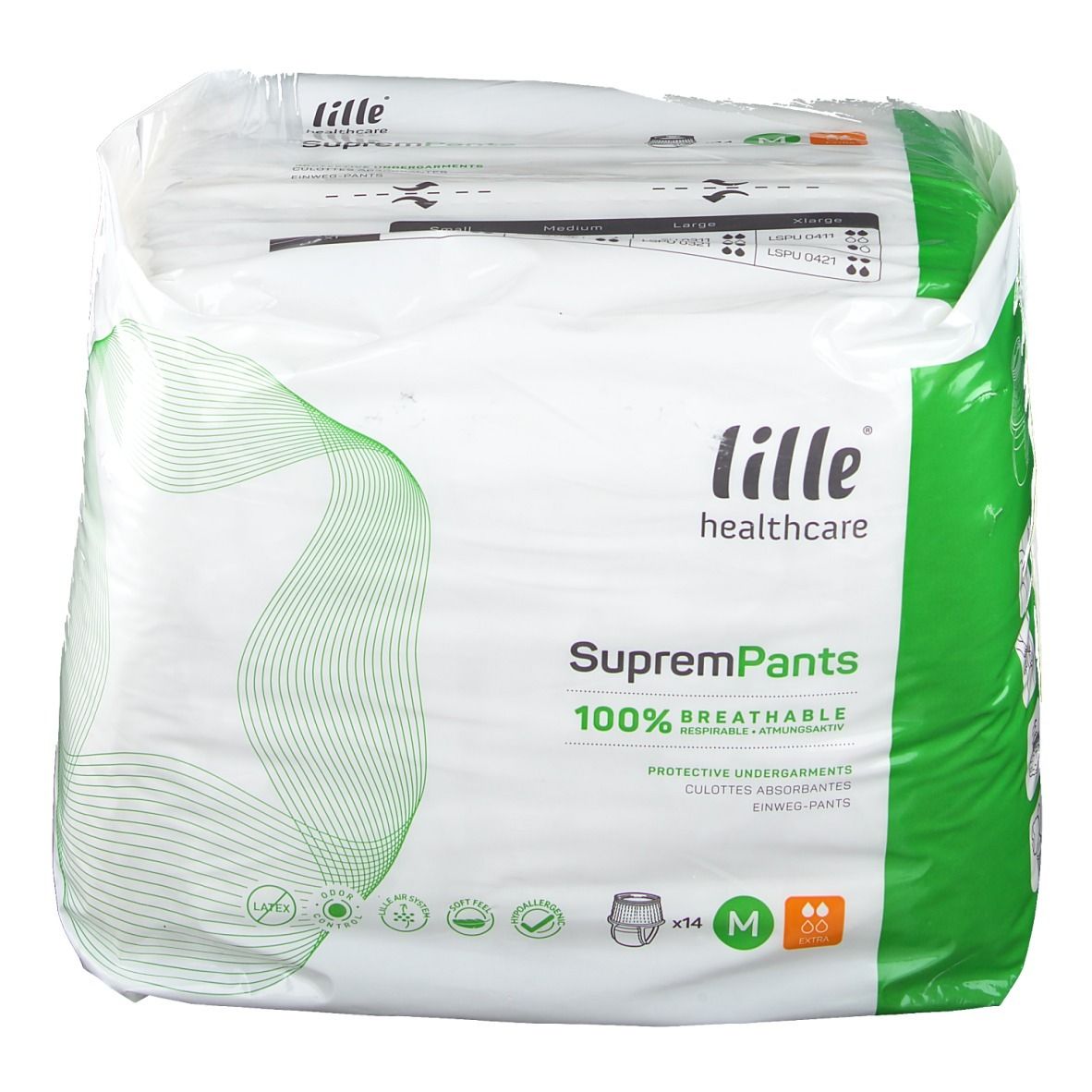 Verpakking van Lille Healthcare SupremPants. Groen-witte verpakking met productnaam, maat M en 100% ademend.