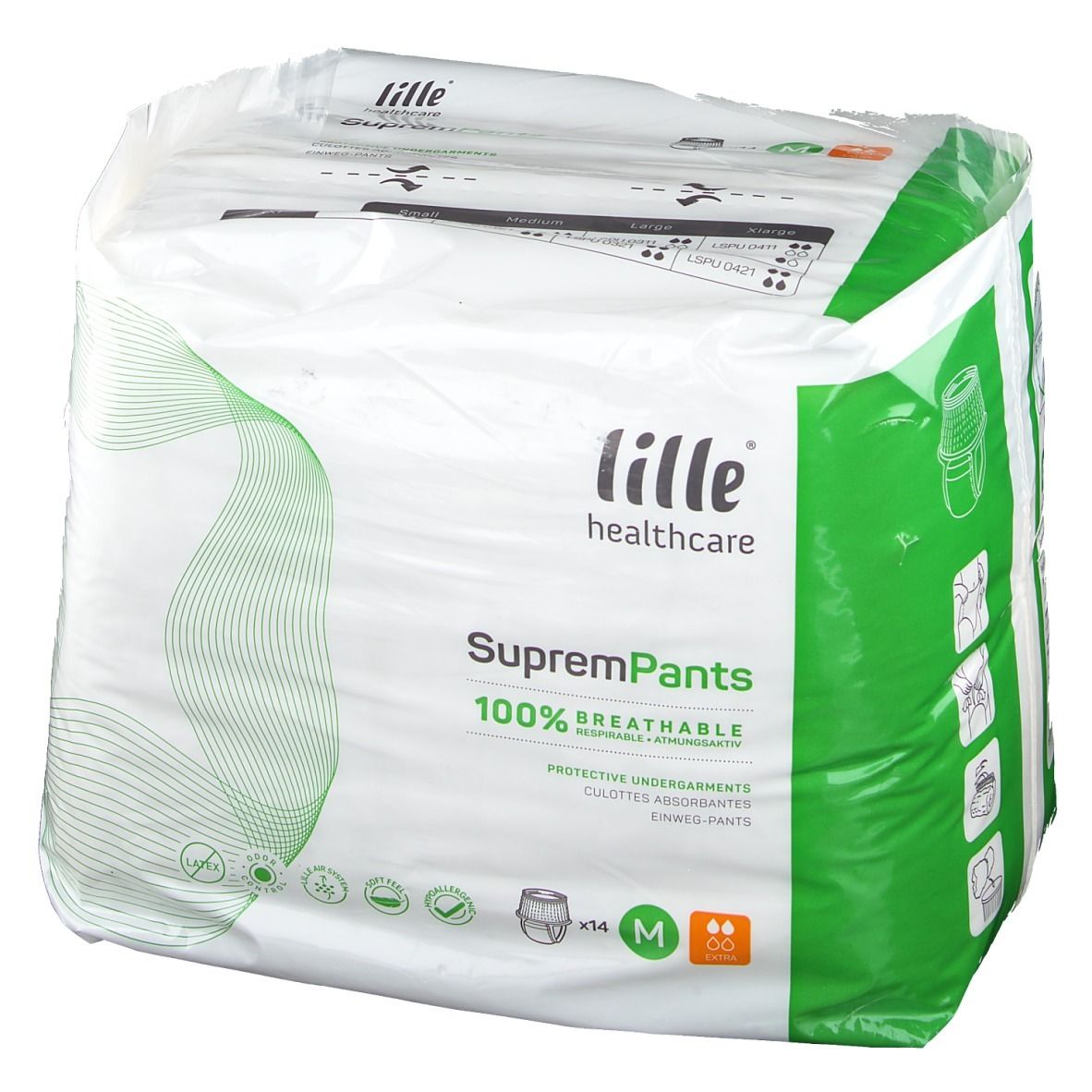 Verpakking van Lille Healthcare SupremPants. Groen-witte verpakking met productnaam, maat M en 100% ademend.