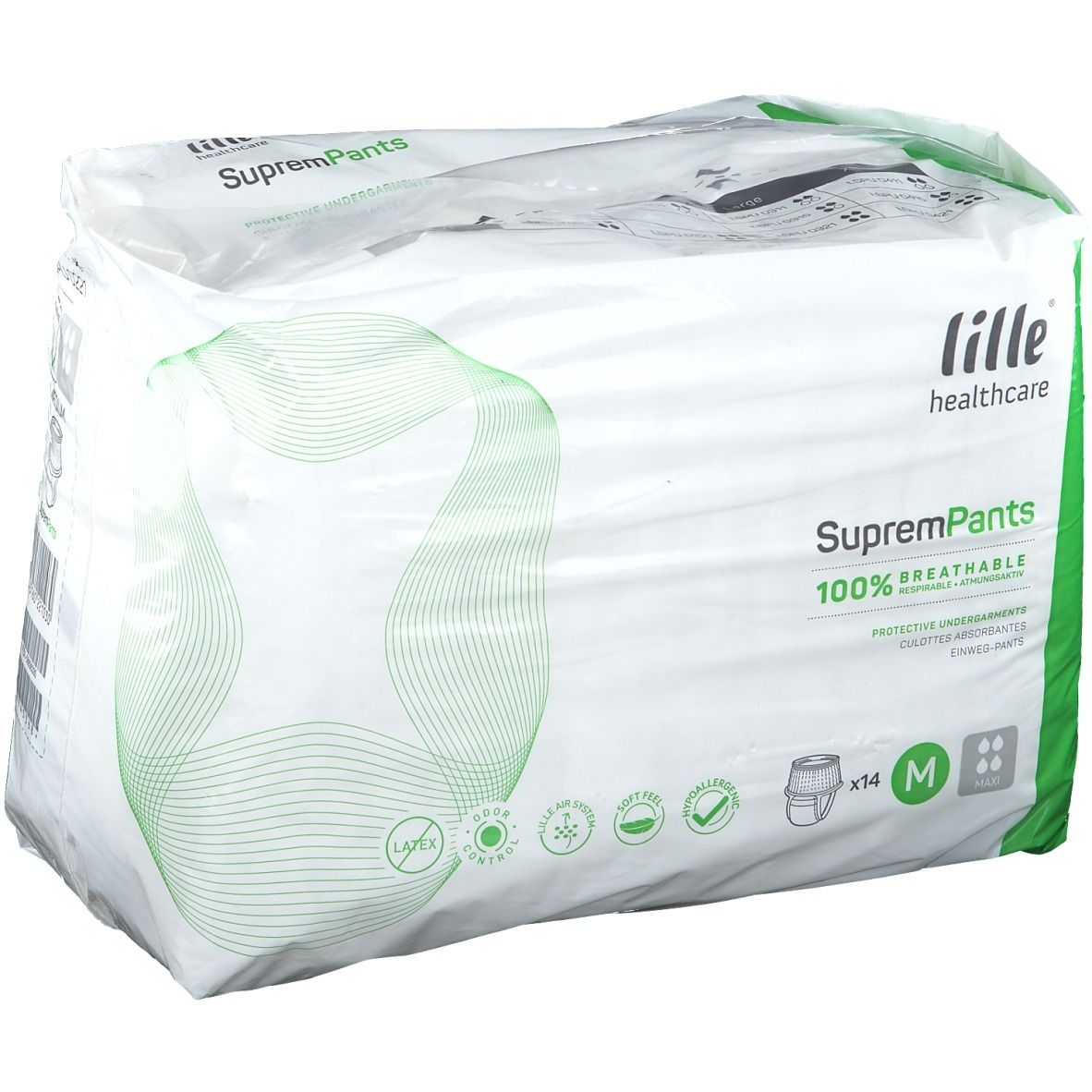 Verpakking van lille® Healthcare SupremPants Maxi Gr. M. Witte verpakking met groene accenten. Bevat 14 stuks. Maat M.