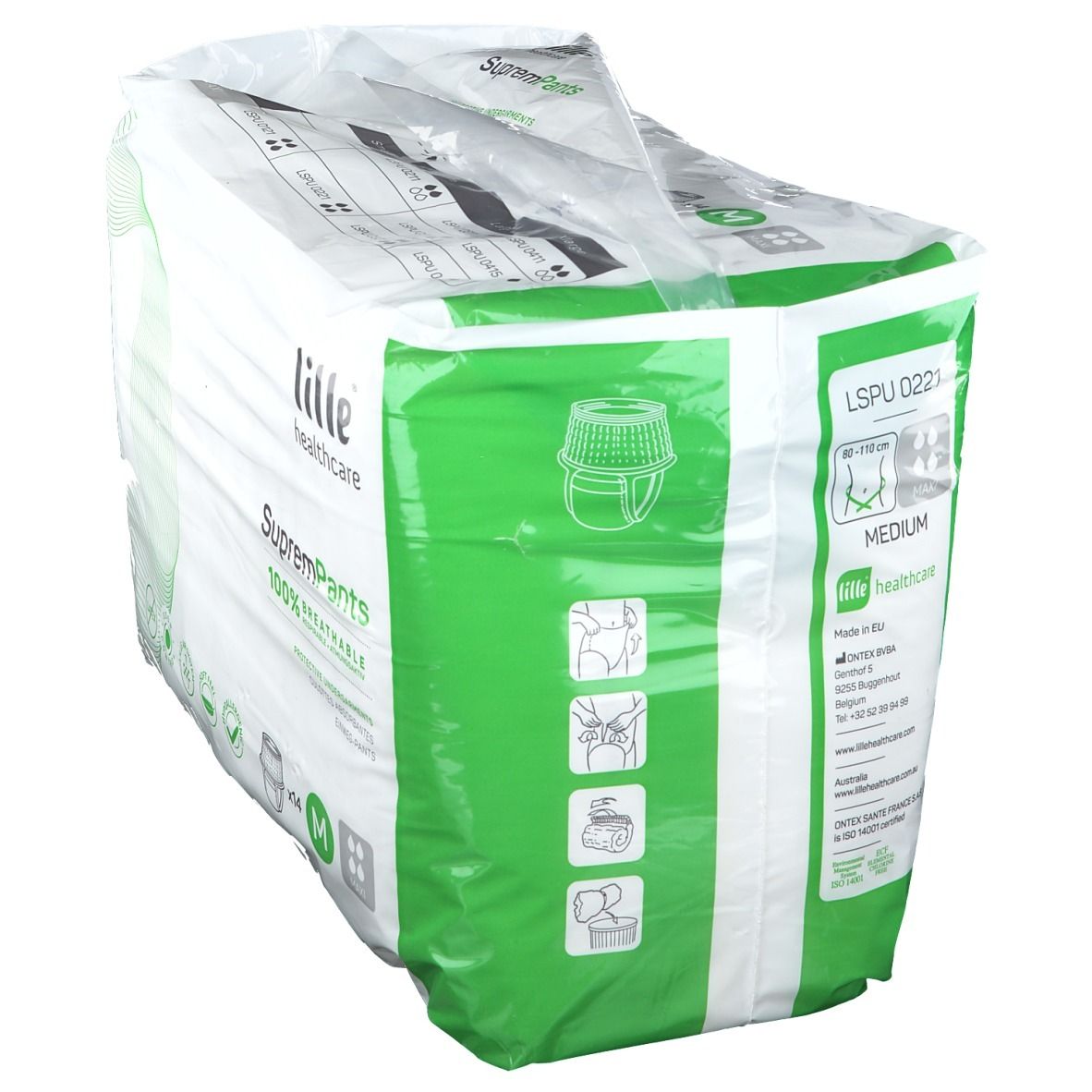 Verpakking van lille® Healthcare SupremPants Maxi Gr. M. Witte verpakking met groene details. Maat M. Productinformatie op de achterkant.