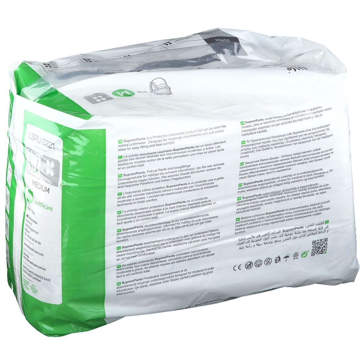 Achterkant van de verpakking van lille® SupremPants Maxi Gr. M. Witte verpakking met groene details. Meertalige productinformatie.