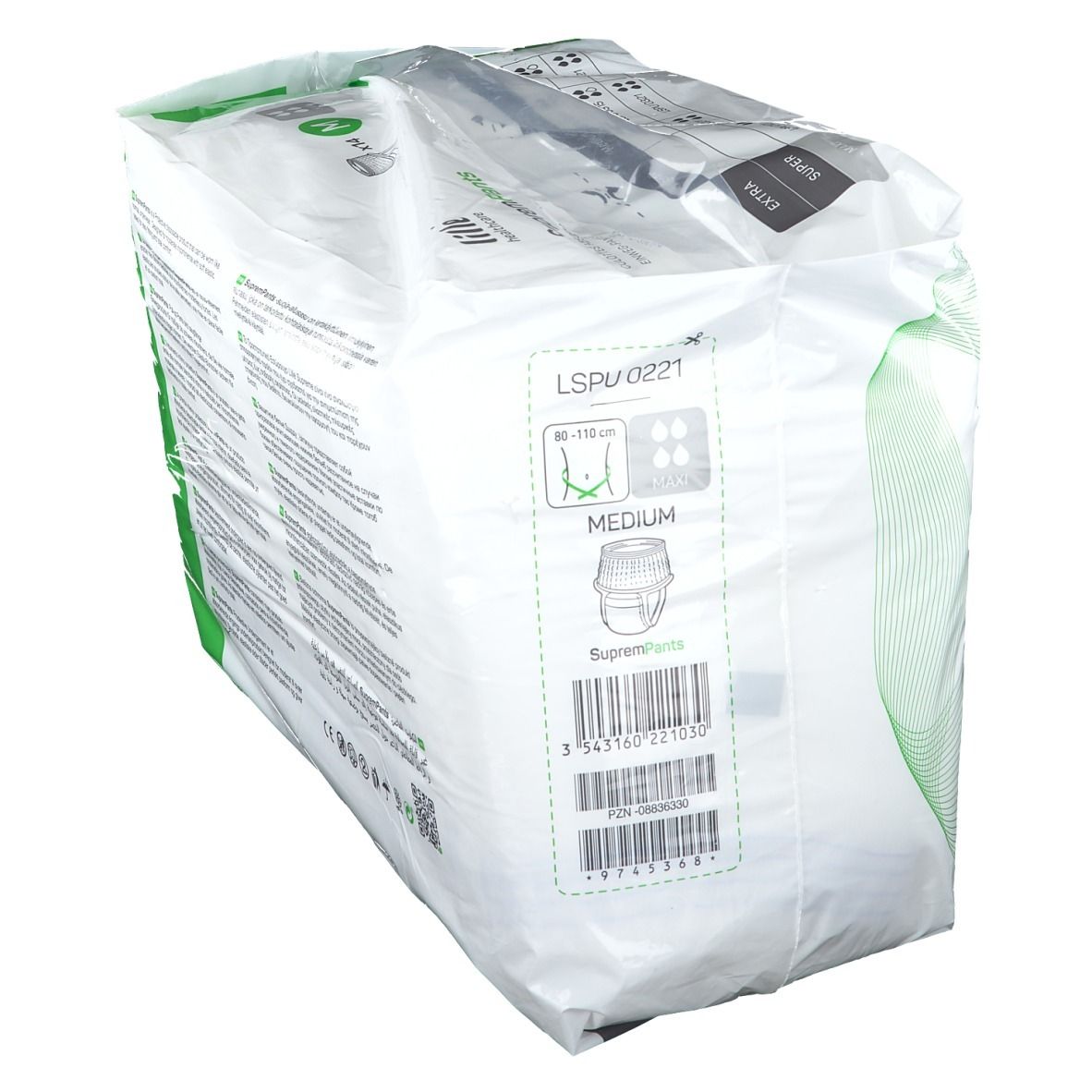 Verpakking van lille® SupremPants Maxi Gr. M. Witte verpakking met groene details. Maat M. Barcode en productinformatie.