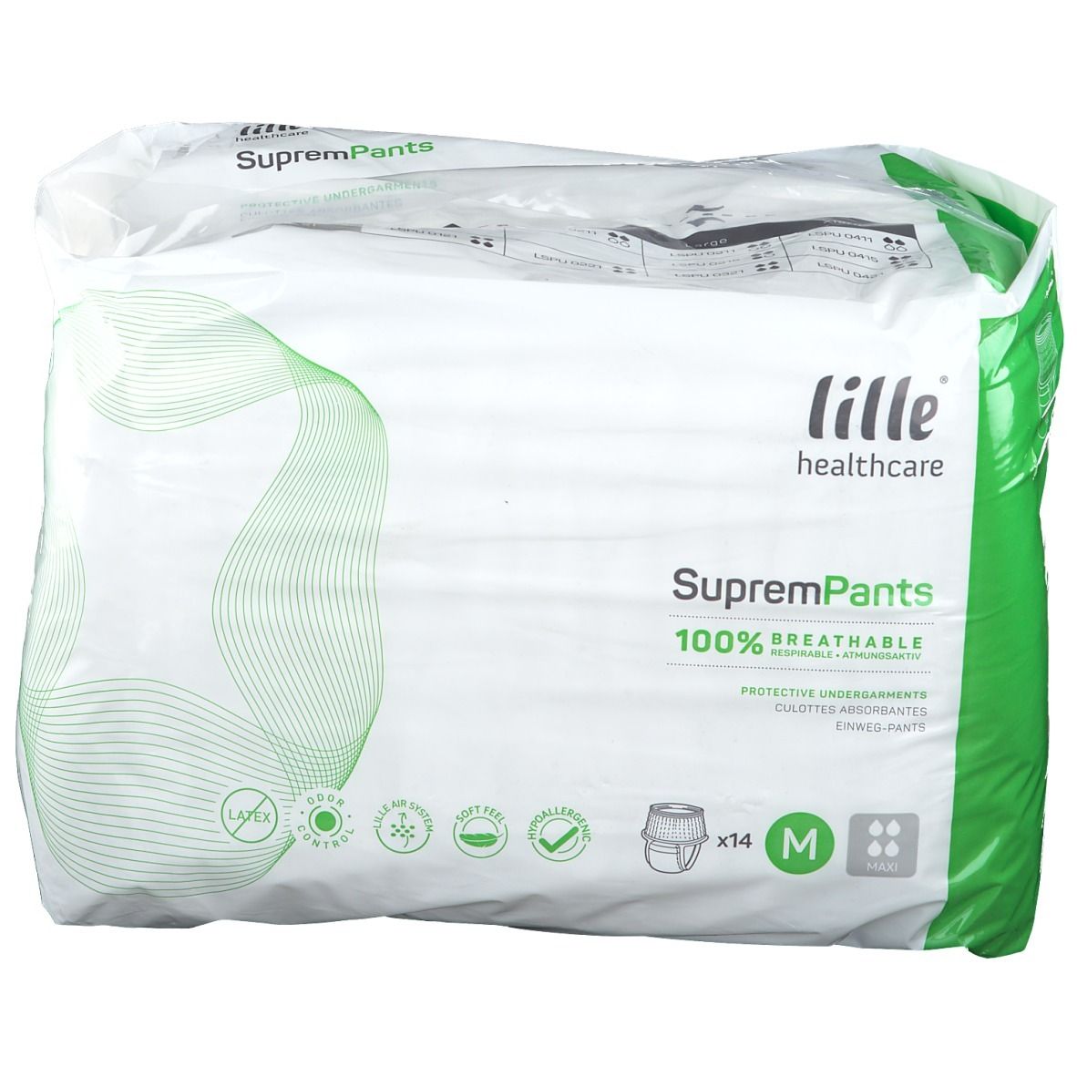 Verpakking van lille® Healthcare SupremPants Maxi Gr. M. Witte verpakking met groene accenten. Bevat 14 stuks. Maat M.