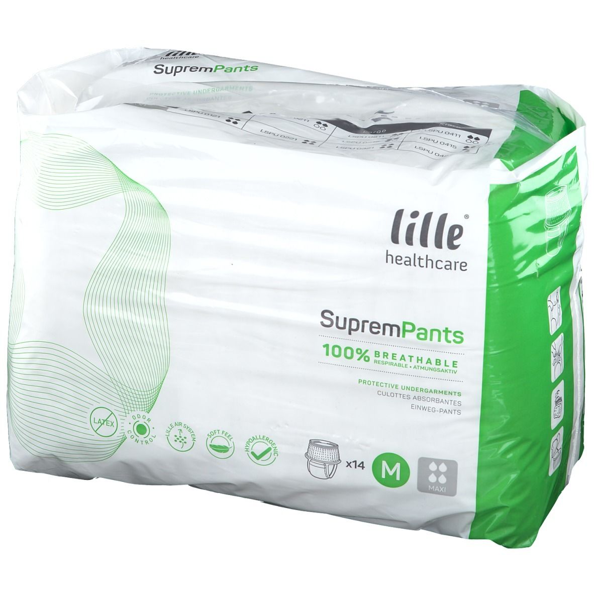 Verpakking van lille® Healthcare SupremPants Maxi Gr. M. Witte verpakking met groene accenten. Bevat 14 stuks. Maat M.