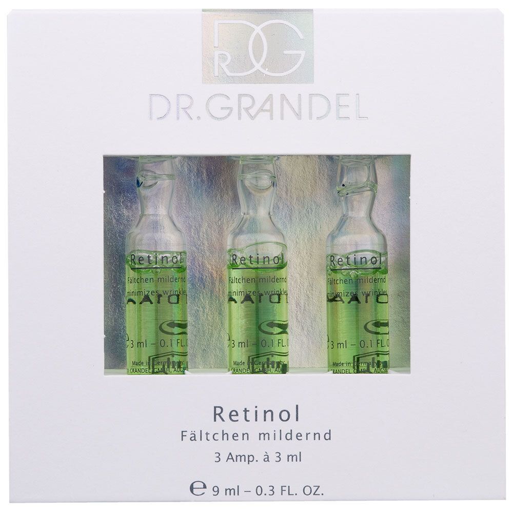 Emballage blanc avec trois ampoules en verre. Inscription: DR. GRANDEL, Retinol, 3 amp. à 3 ml.