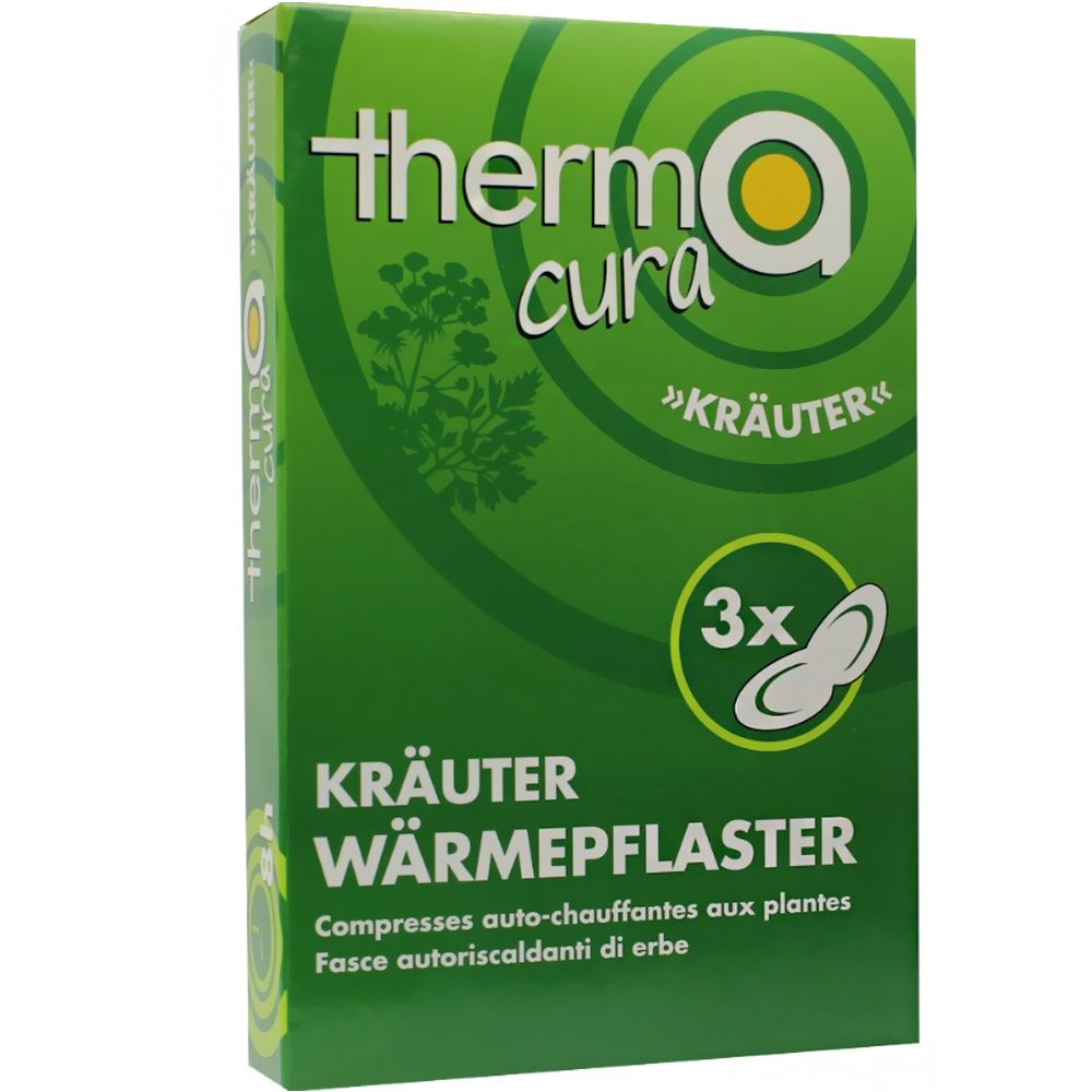 Emballage vert de Thermacura Kräuter. 3 compresses chauffantes. Textes en allemand, français et italien.